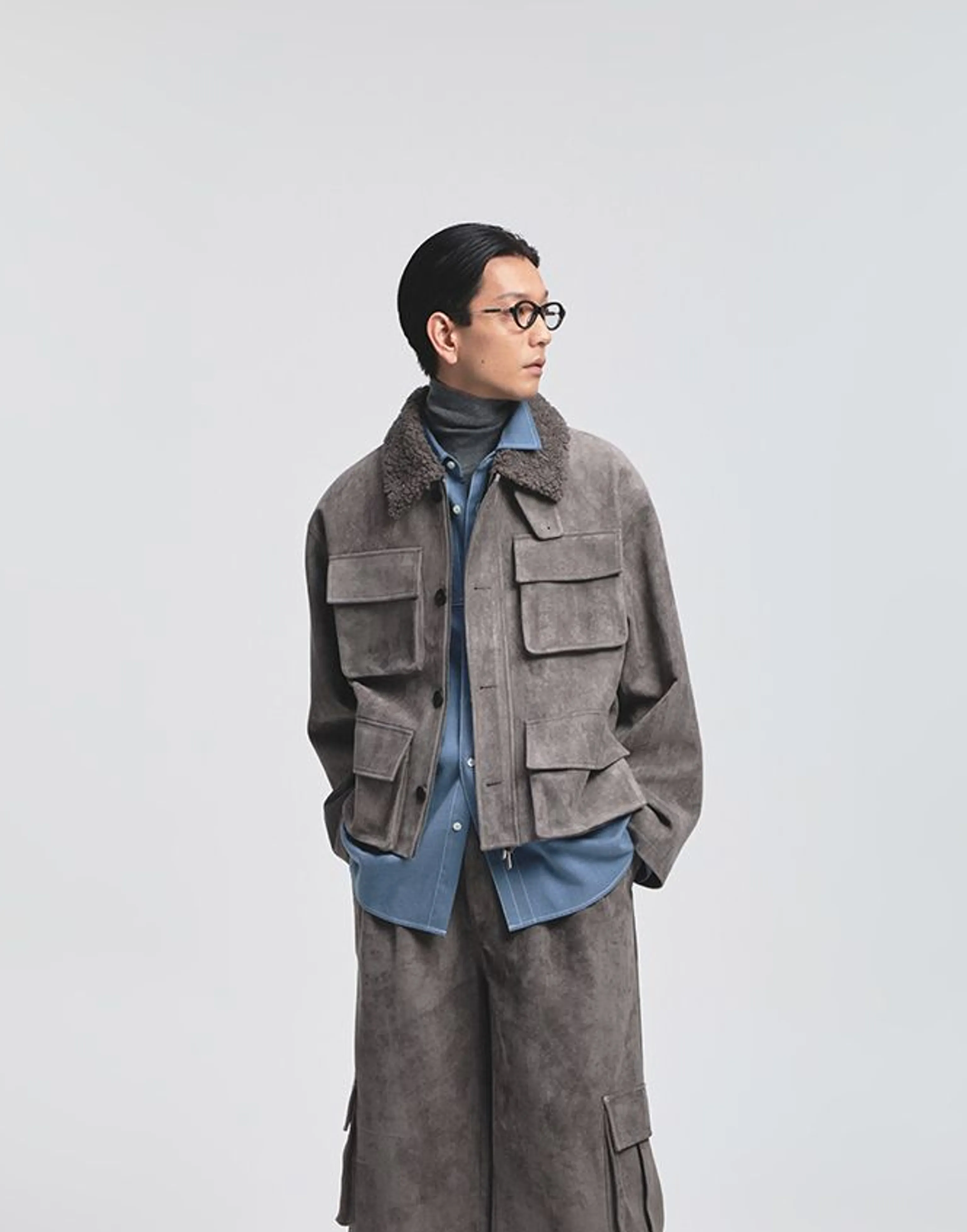 Faux Suede Fleece-Collar Utility Jacket - Image 4