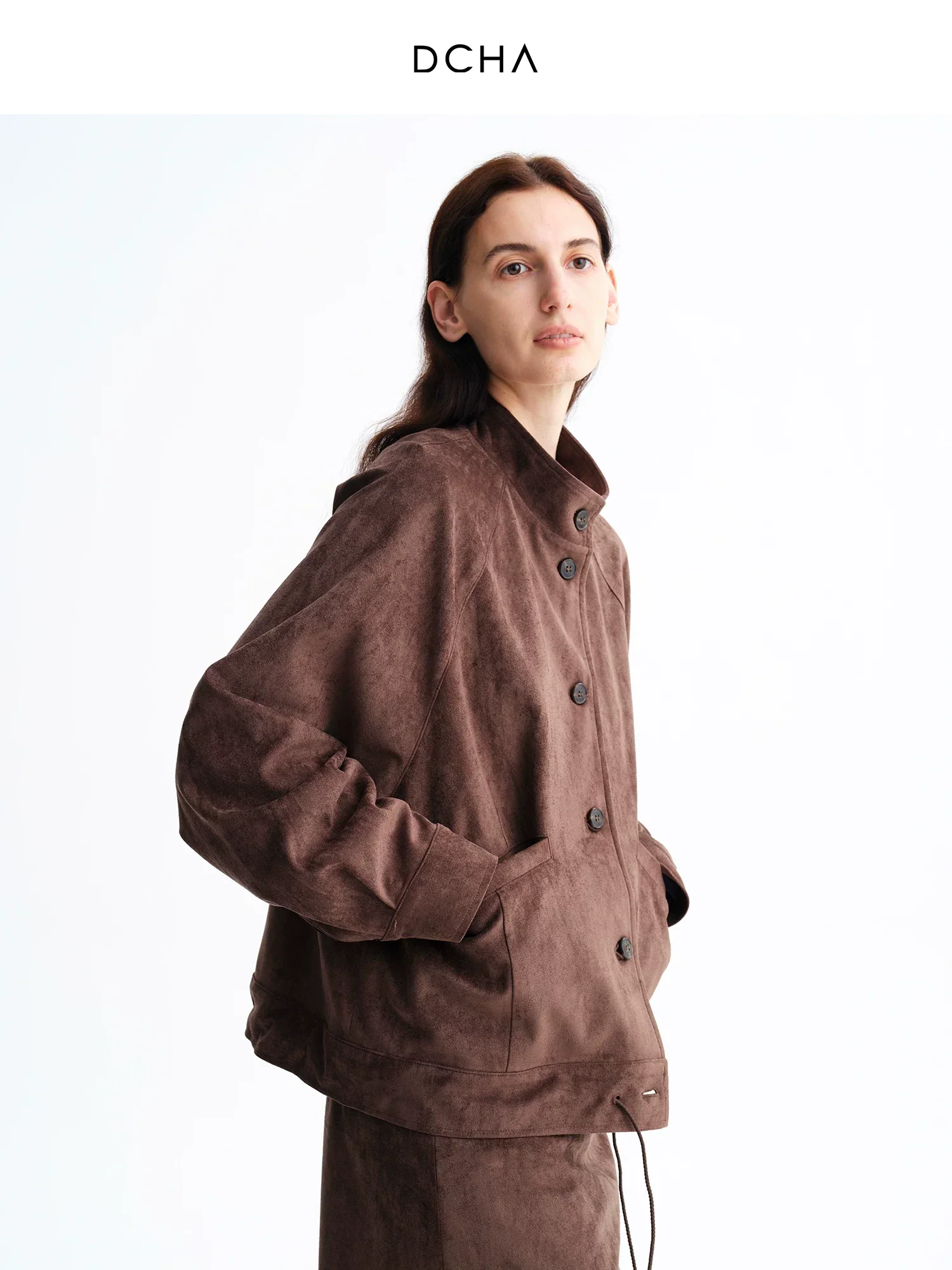 Faux Suede Stand-Collar Drawstring Jacket