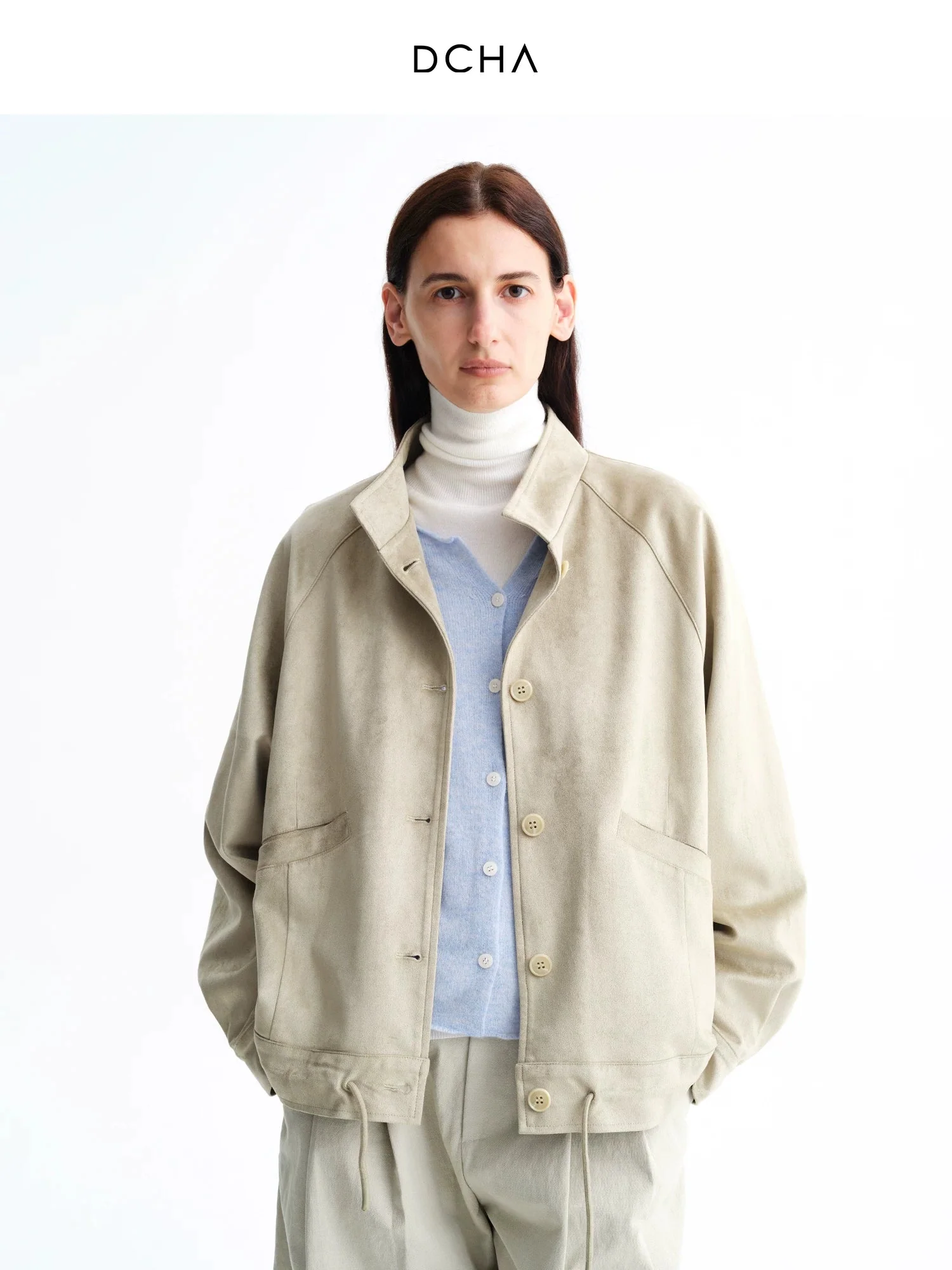 Faux Suede Stand-Collar Drawstring Jacket - Image 2