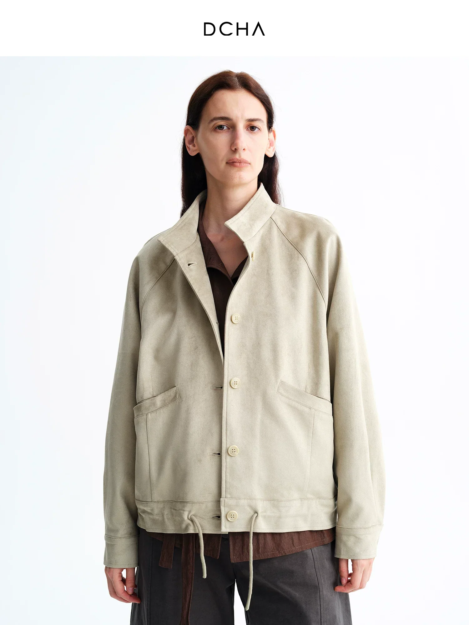 Faux Suede Stand-Collar Drawstring Jacket - Image 3