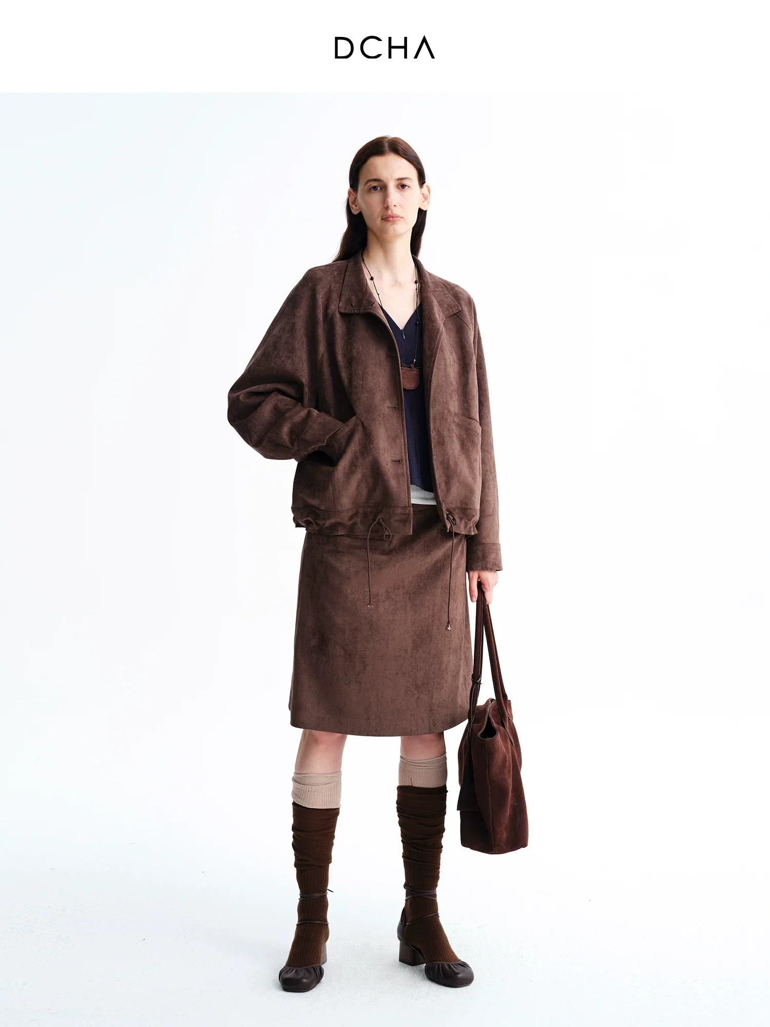 Faux Suede Stand-Collar Drawstring Jacket - Image 5