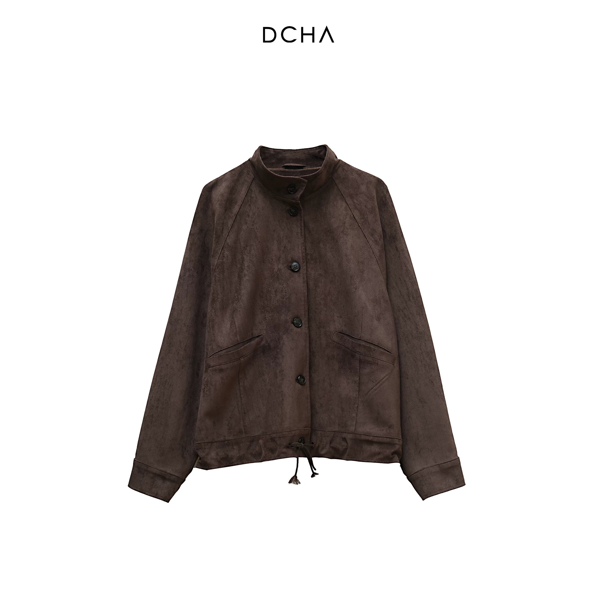 Faux Suede Stand-Collar Drawstring Jacket - Image 6