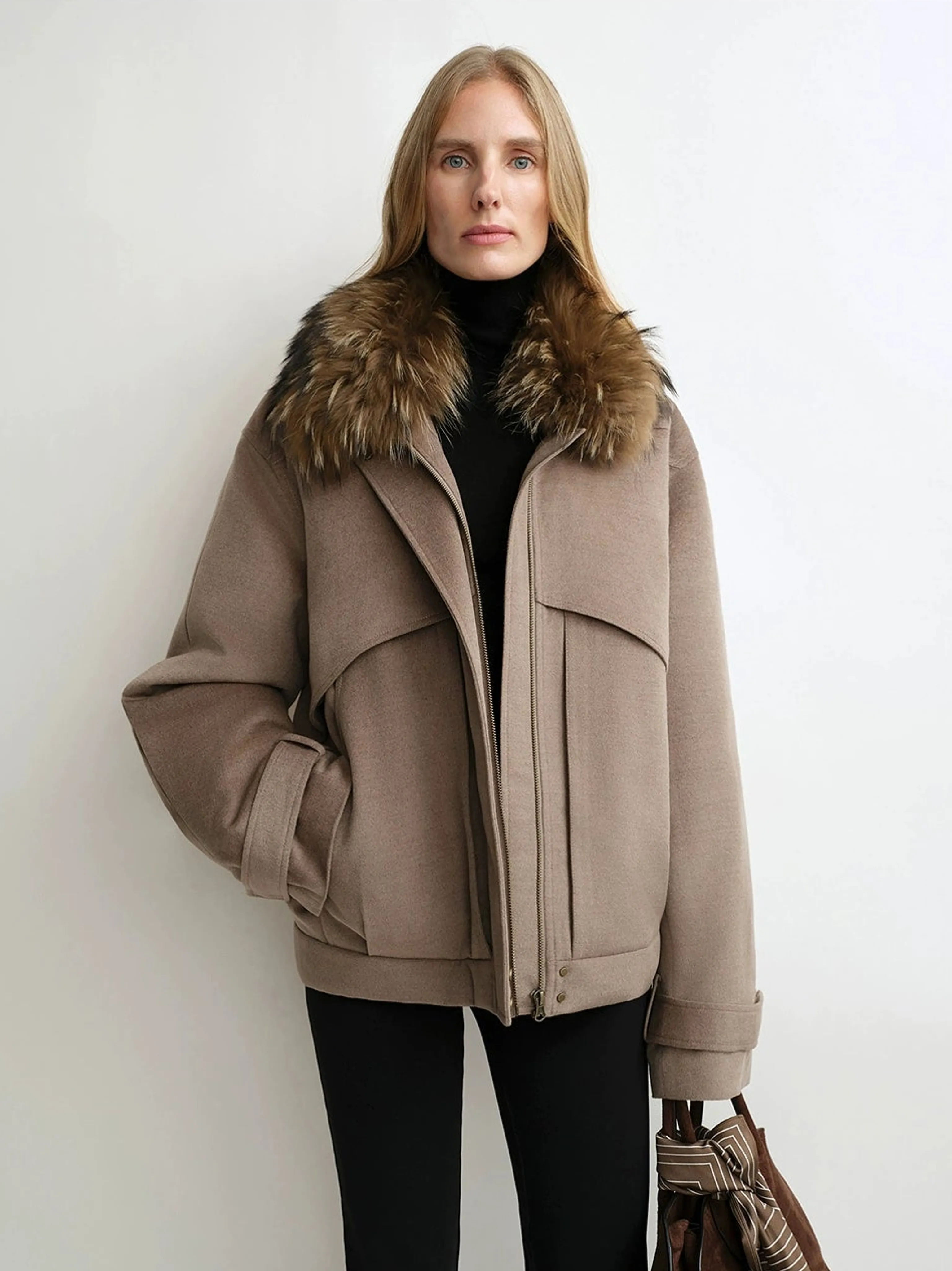 First-Shear Wool Bomber with Detachable Raccoon Fur Collar - Image 6