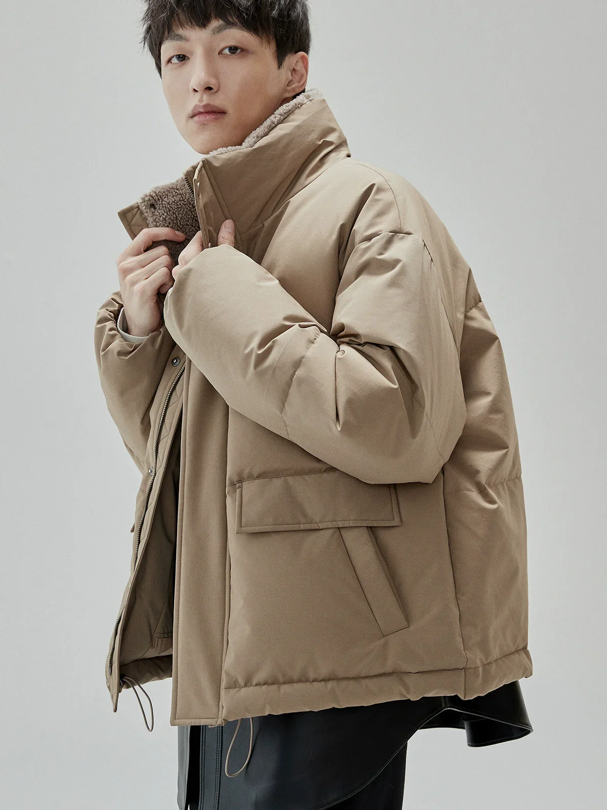 Fleece-Lined Stand Collar Down Jacket