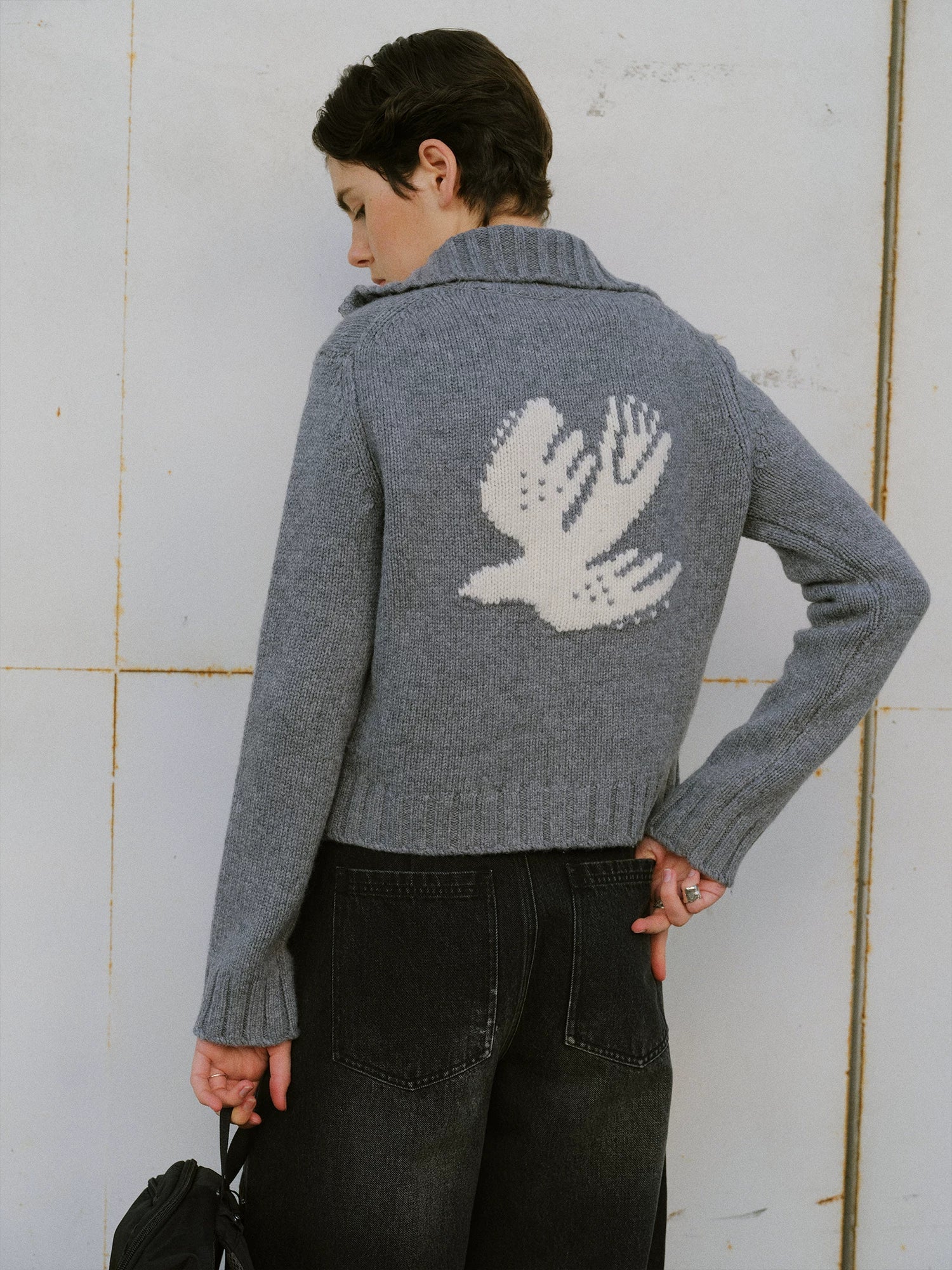 Flying Bird High-Neck Wool Zip Cardigan