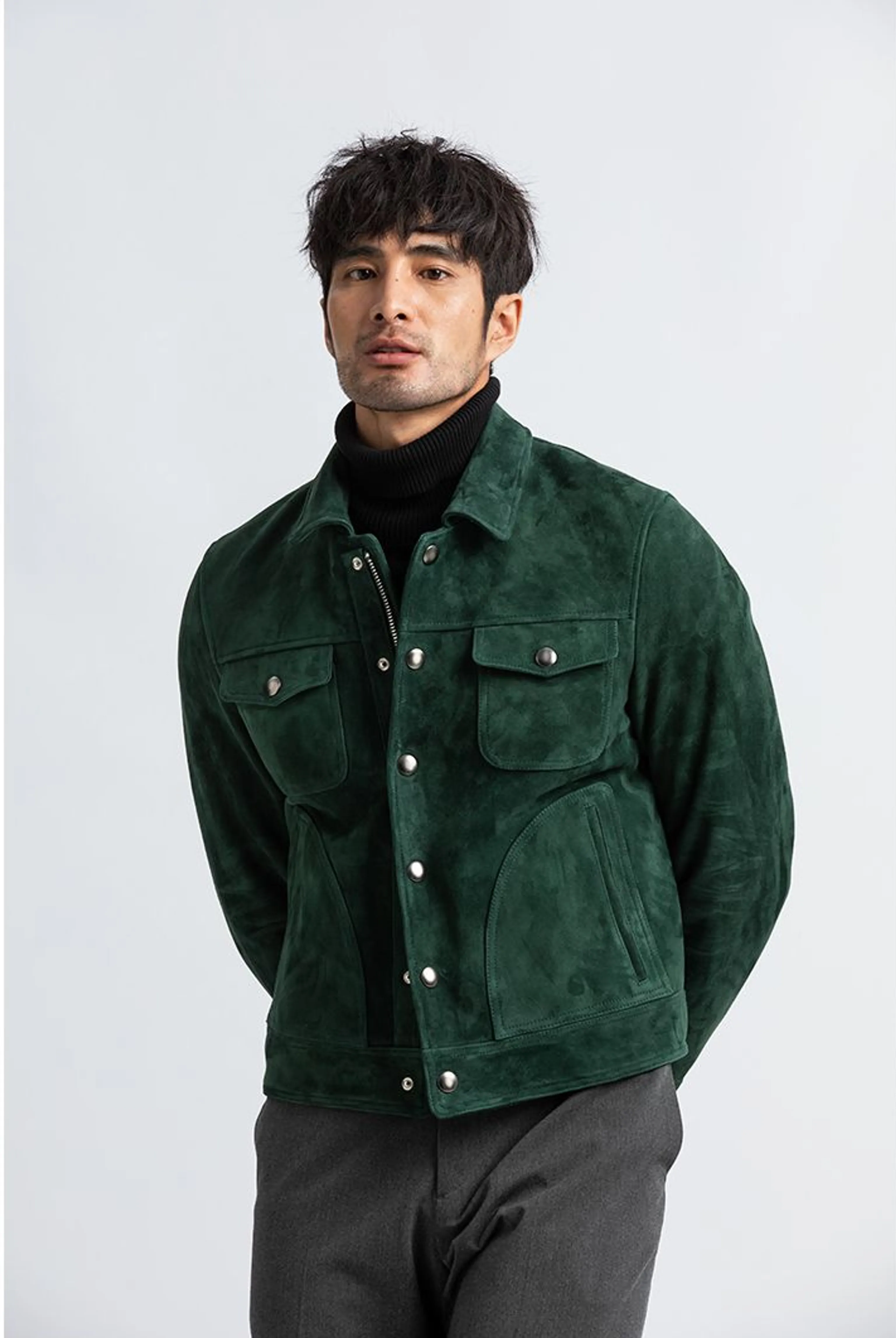 Forest Green Goat Suede Trucker Jacket - Image 3