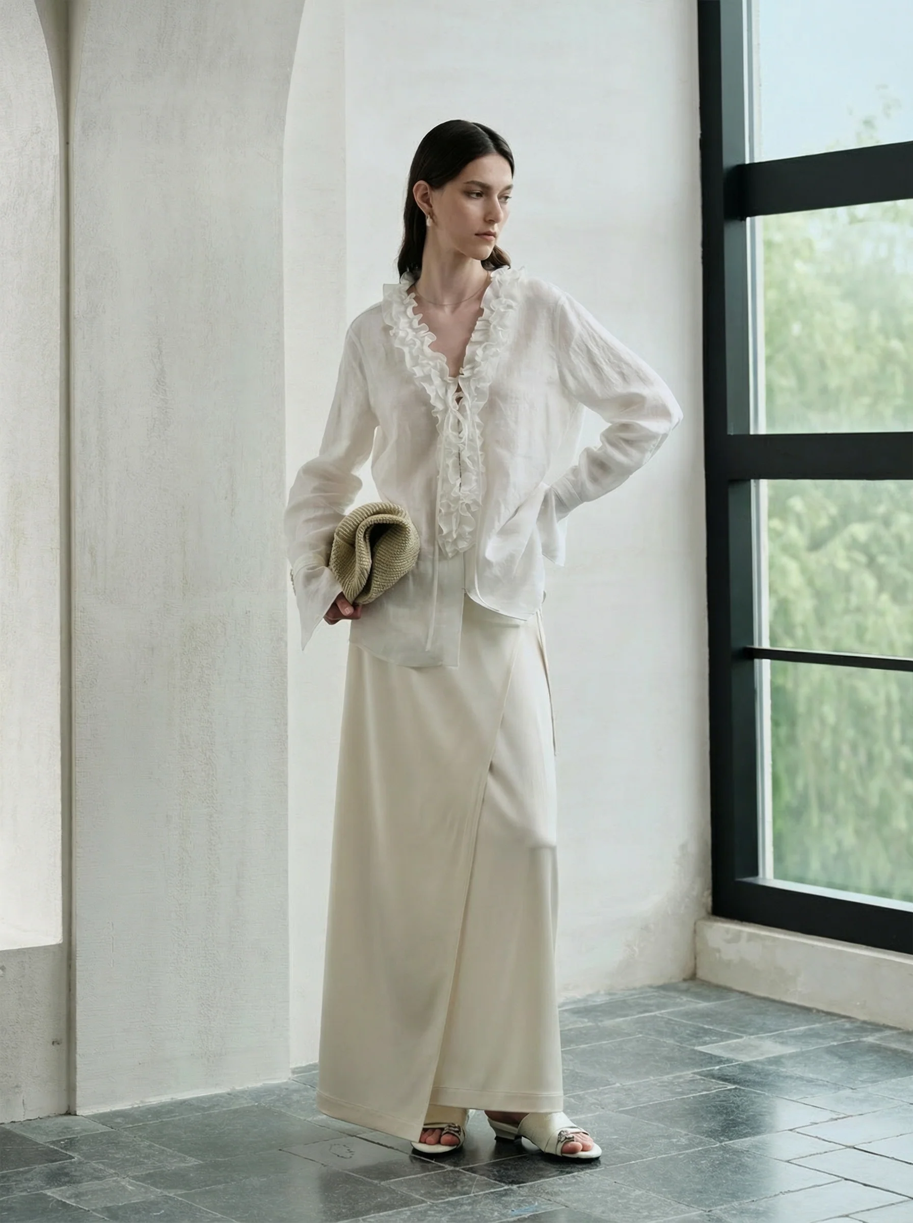 French Linen Ruffle V-Neck Shirt - Image 2