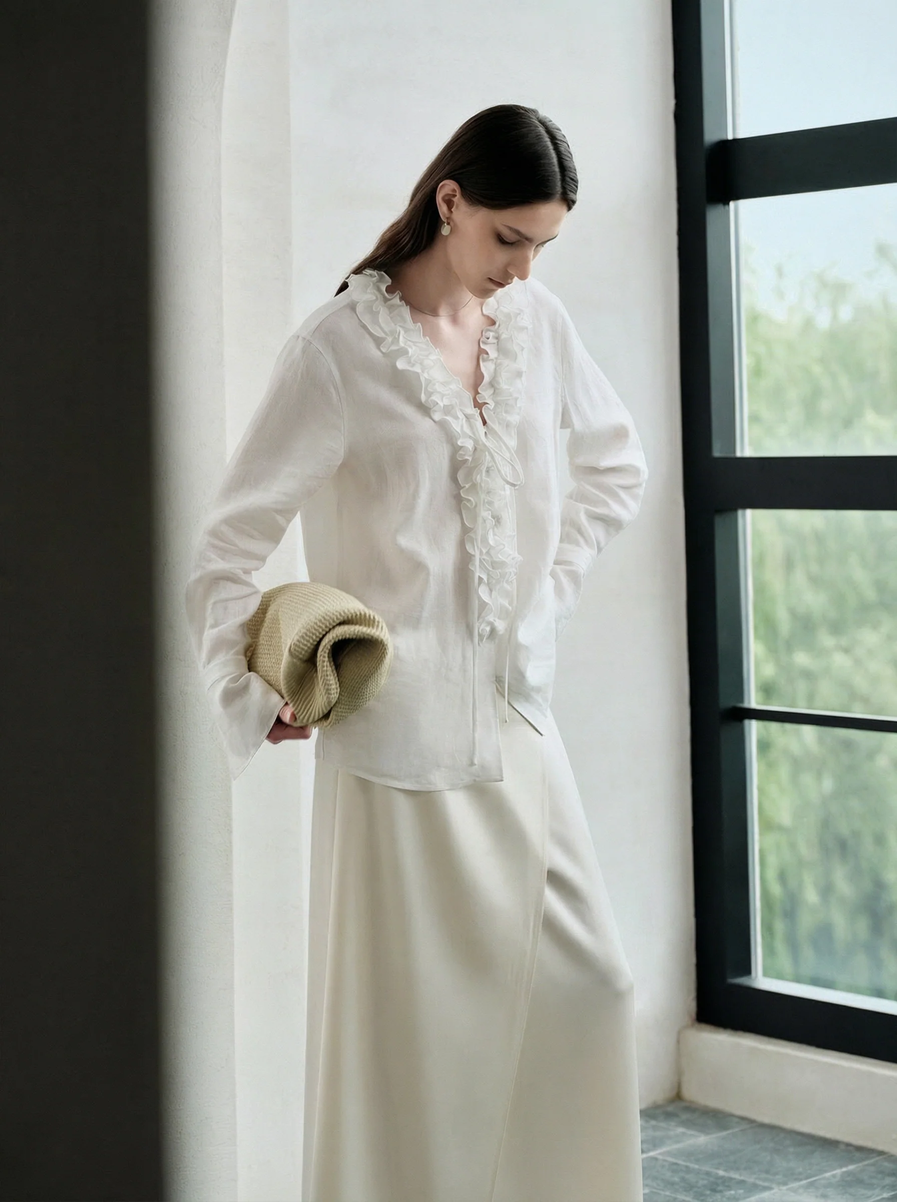 French Linen Ruffle V-Neck Shirt - Image 4