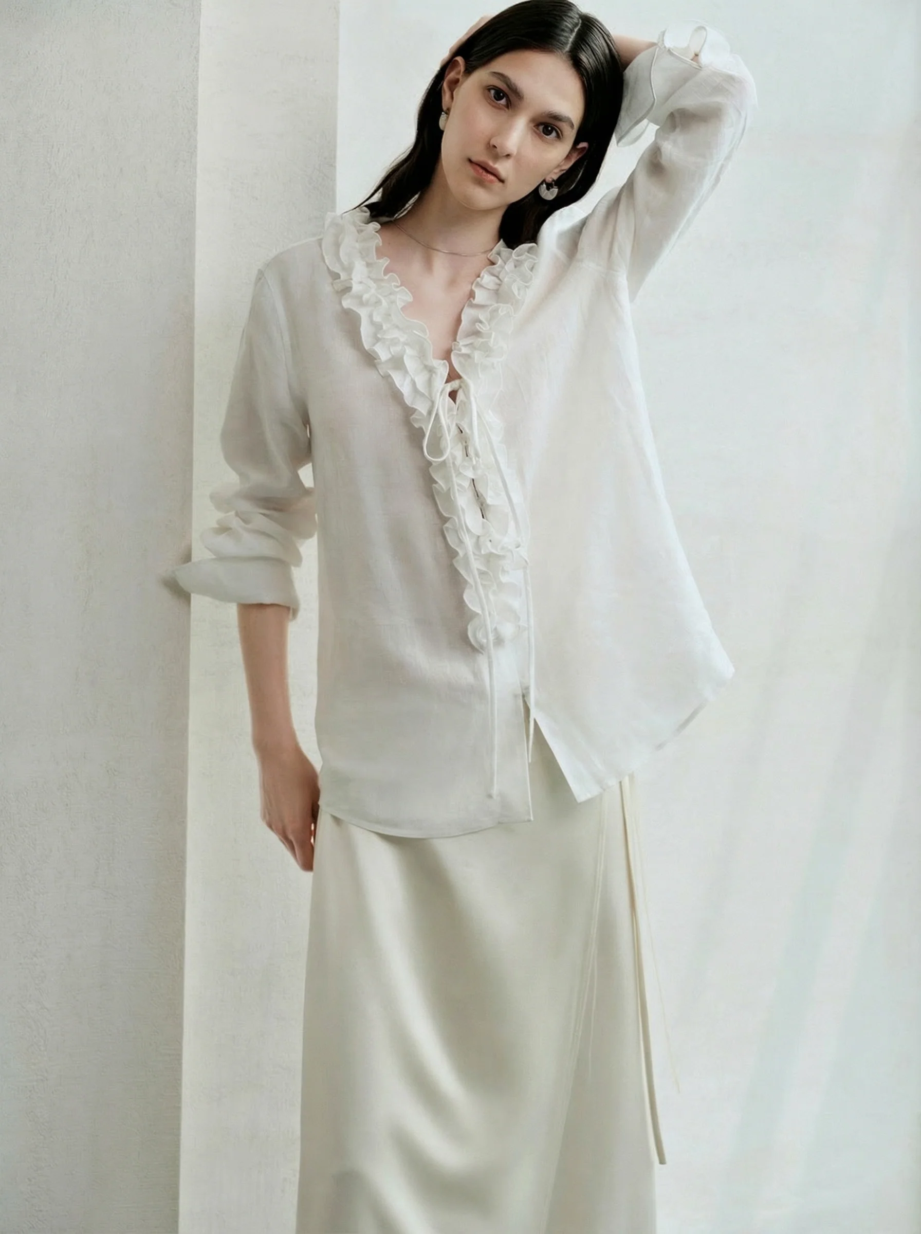French Linen Ruffle V-Neck Shirt - Image 5