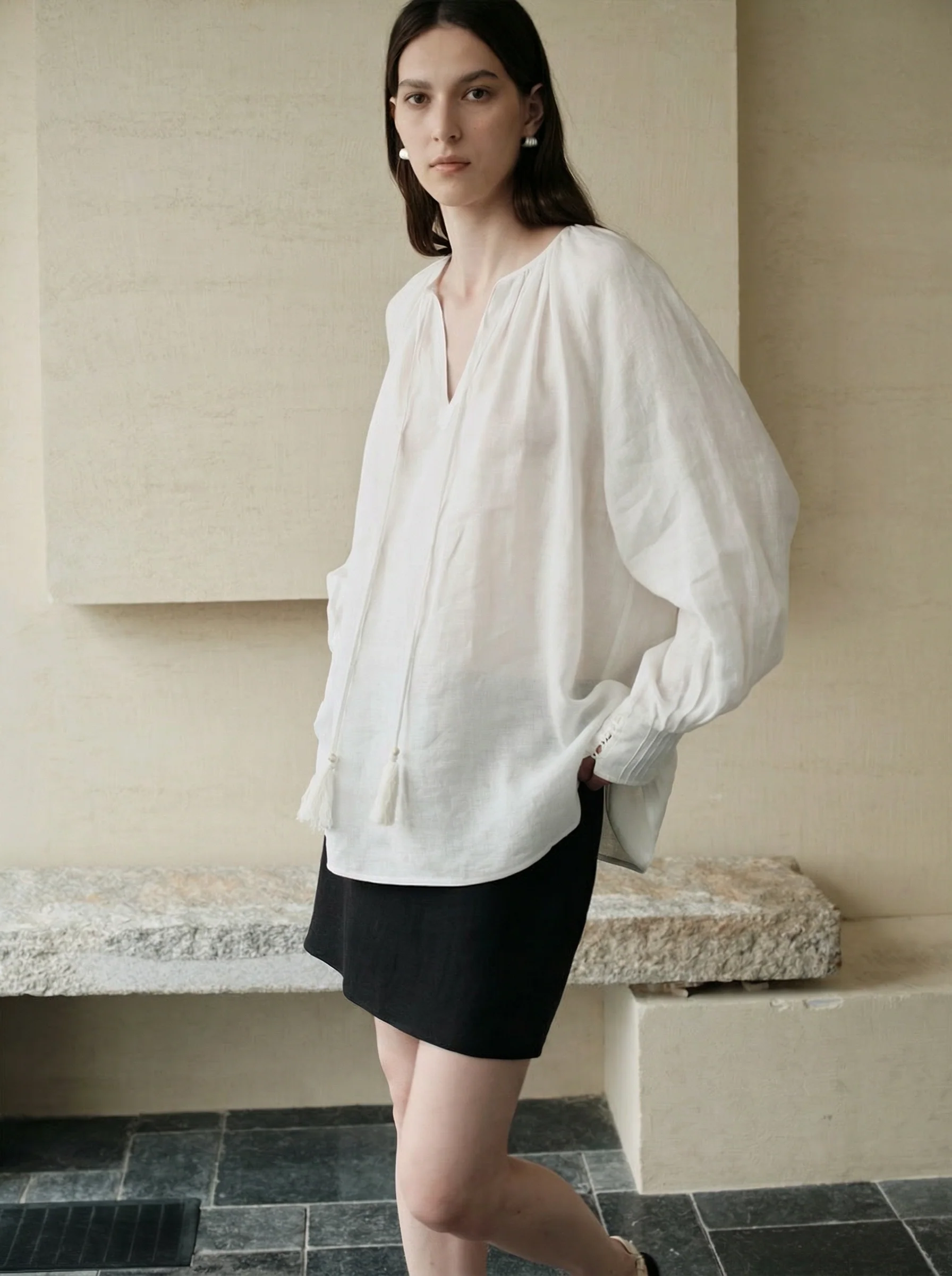 French Linen Tie-Neck Blouse - Image 2