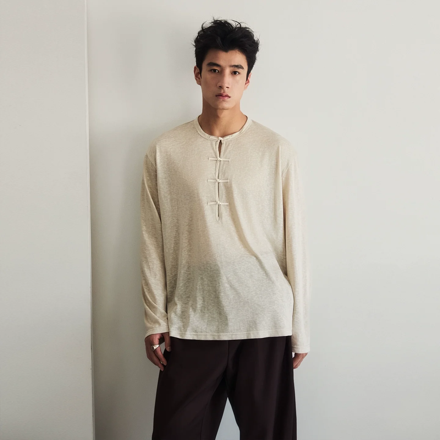 Frog-Button Split-Neck Long Sleeve Tee - Image 2