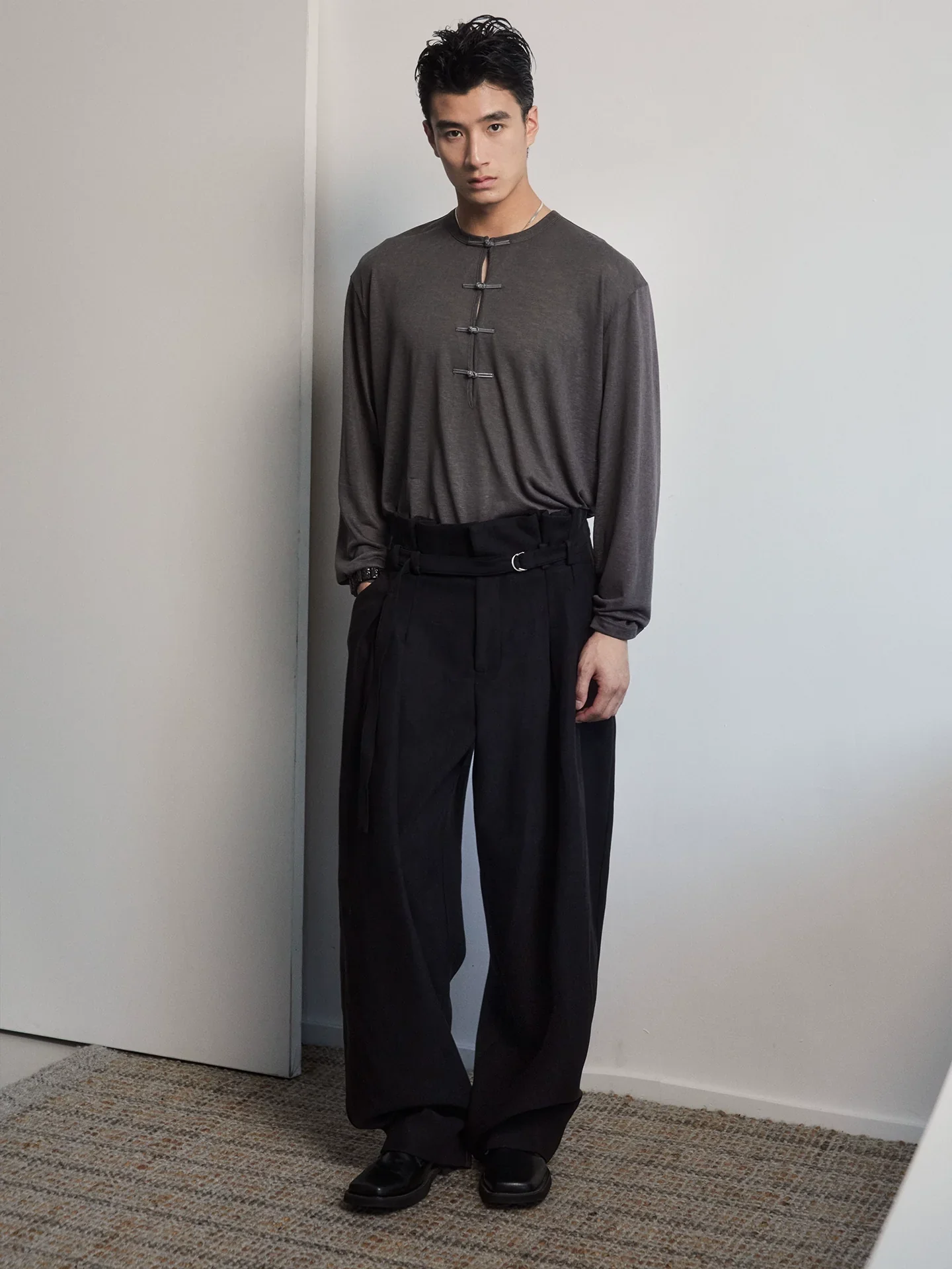 Frog-Button Split-Neck Long Sleeve Tee - Image 3