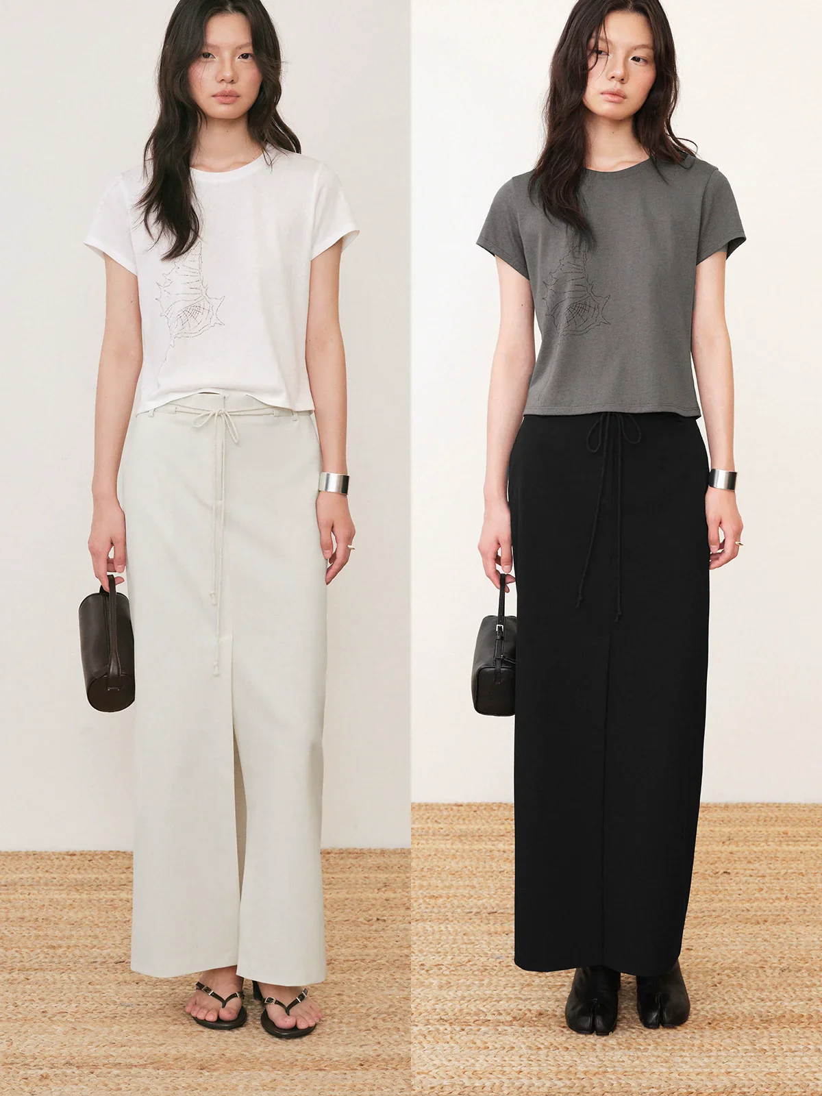 Front-Slit Drawstring Column Skirt