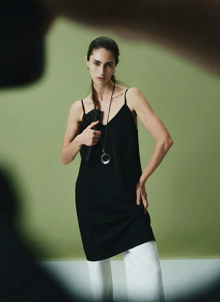 Frosted Acetate Crepe V-Neck Slip Dress