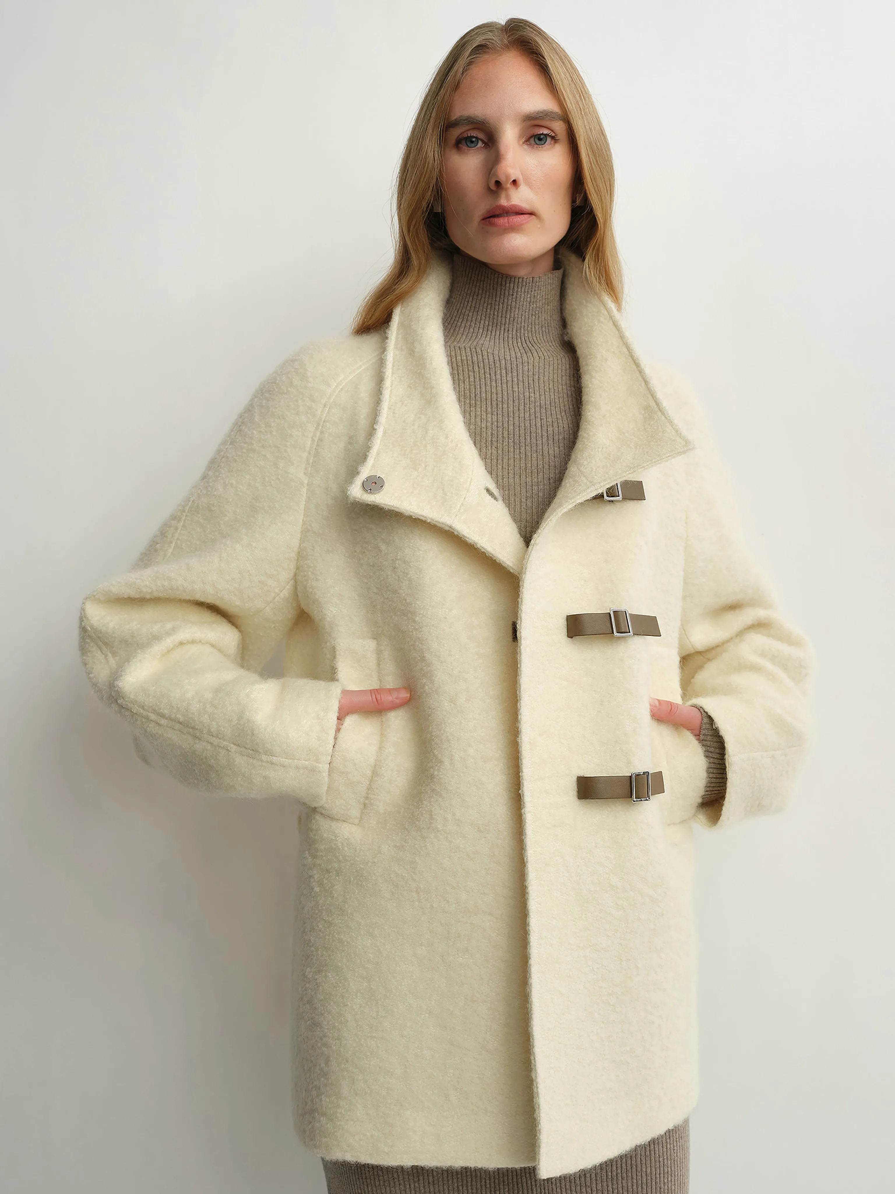 Funnel-Collar Faux Leather-Buckle Belted Jacket - Image 2