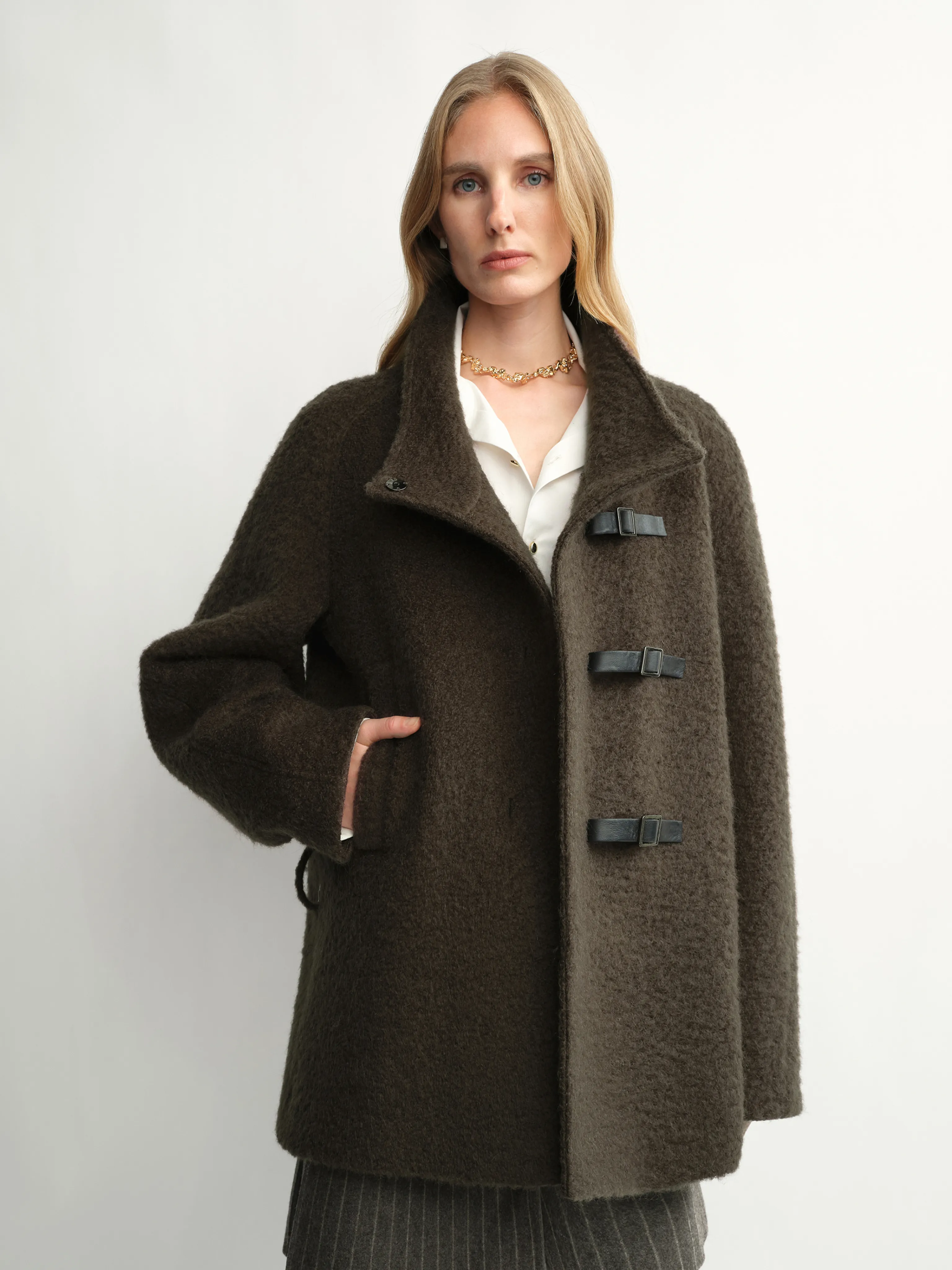Funnel-Collar Faux Leather-Buckle Belted Jacket - Image 3