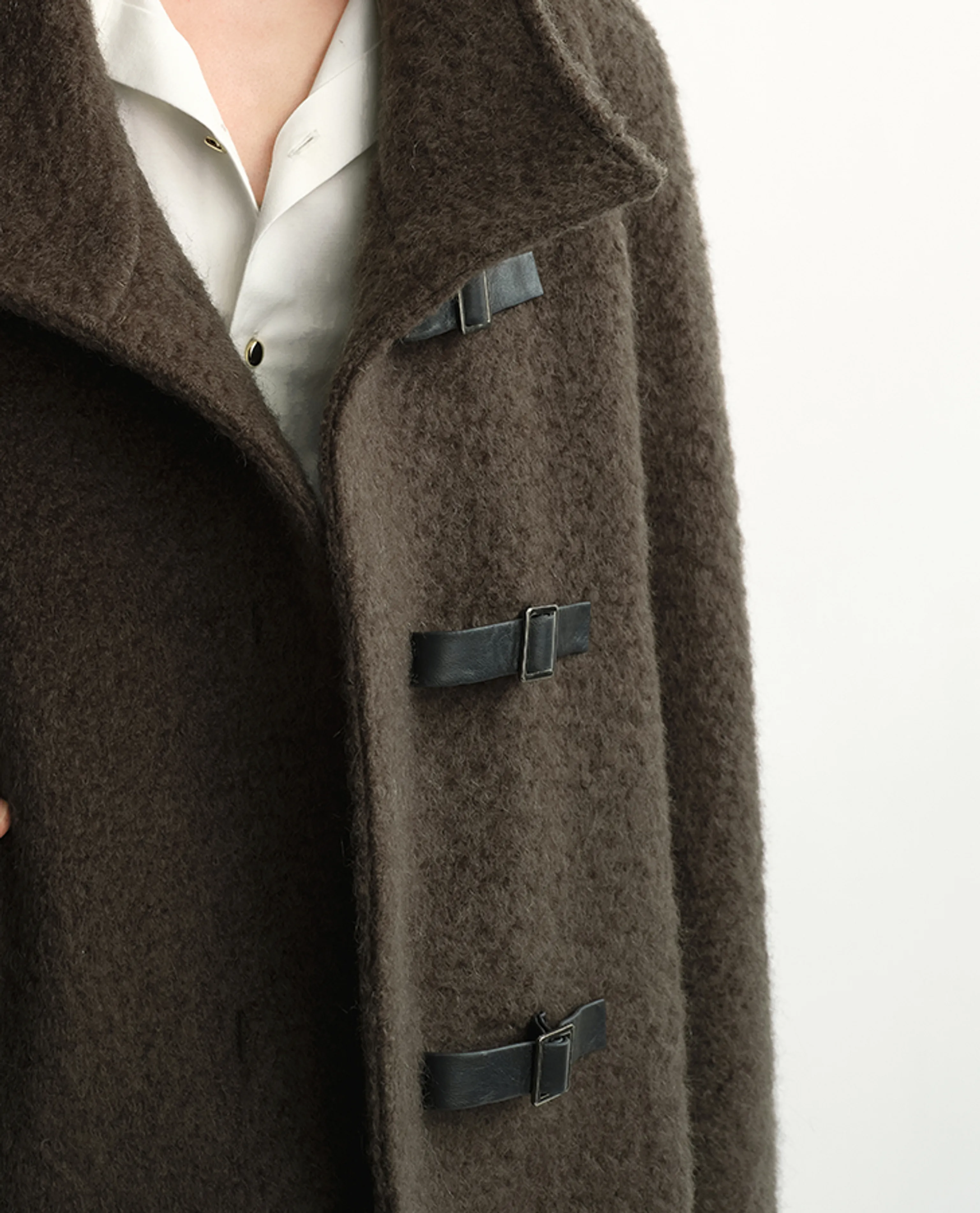 Funnel-Collar Faux Leather-Buckle Belted Jacket - Image 4
