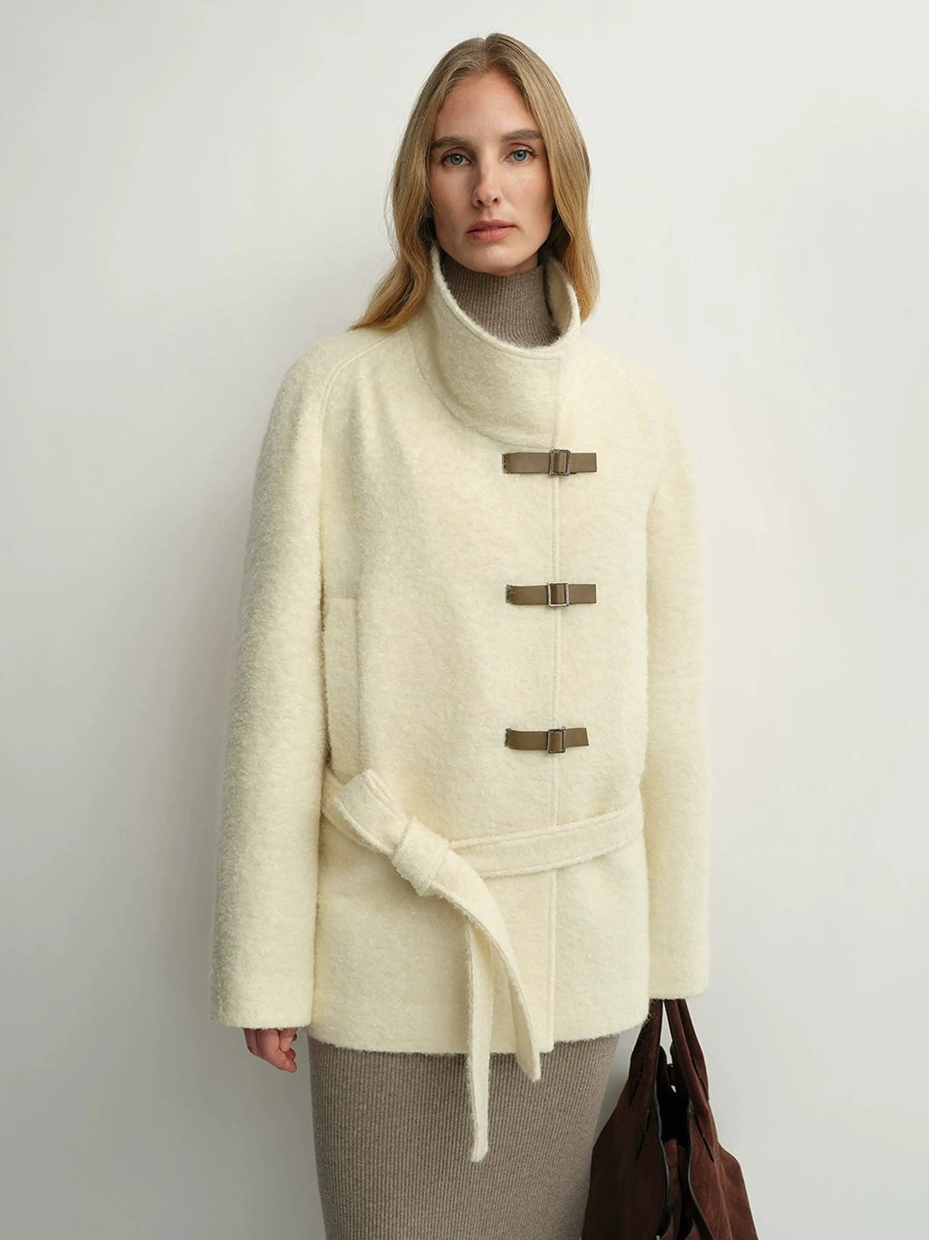 Funnel-Collar Faux Leather-Buckle Belted Jacket - Image 5