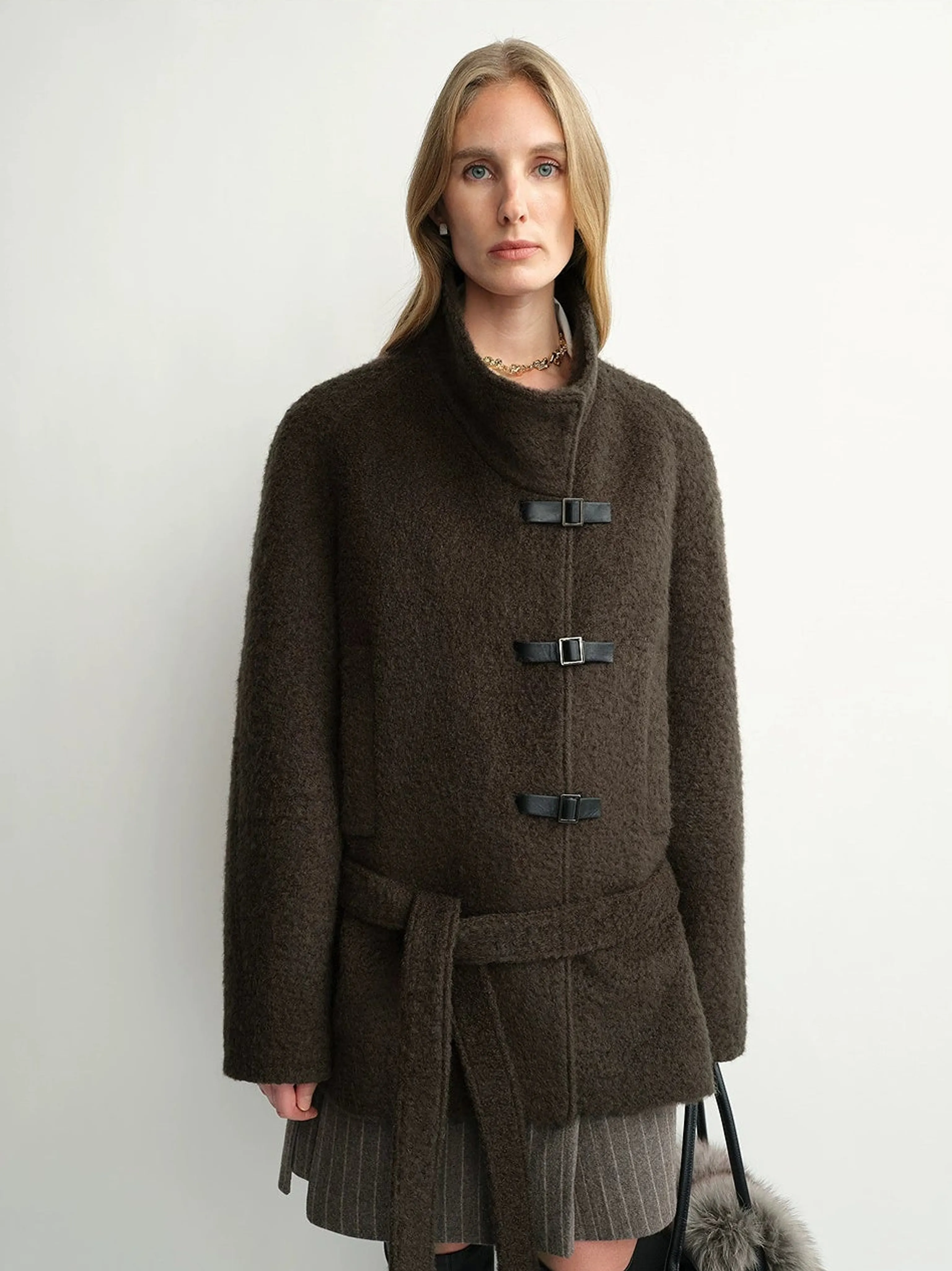 Funnel-Collar Faux Leather-Buckle Belted Jacket - Image 6