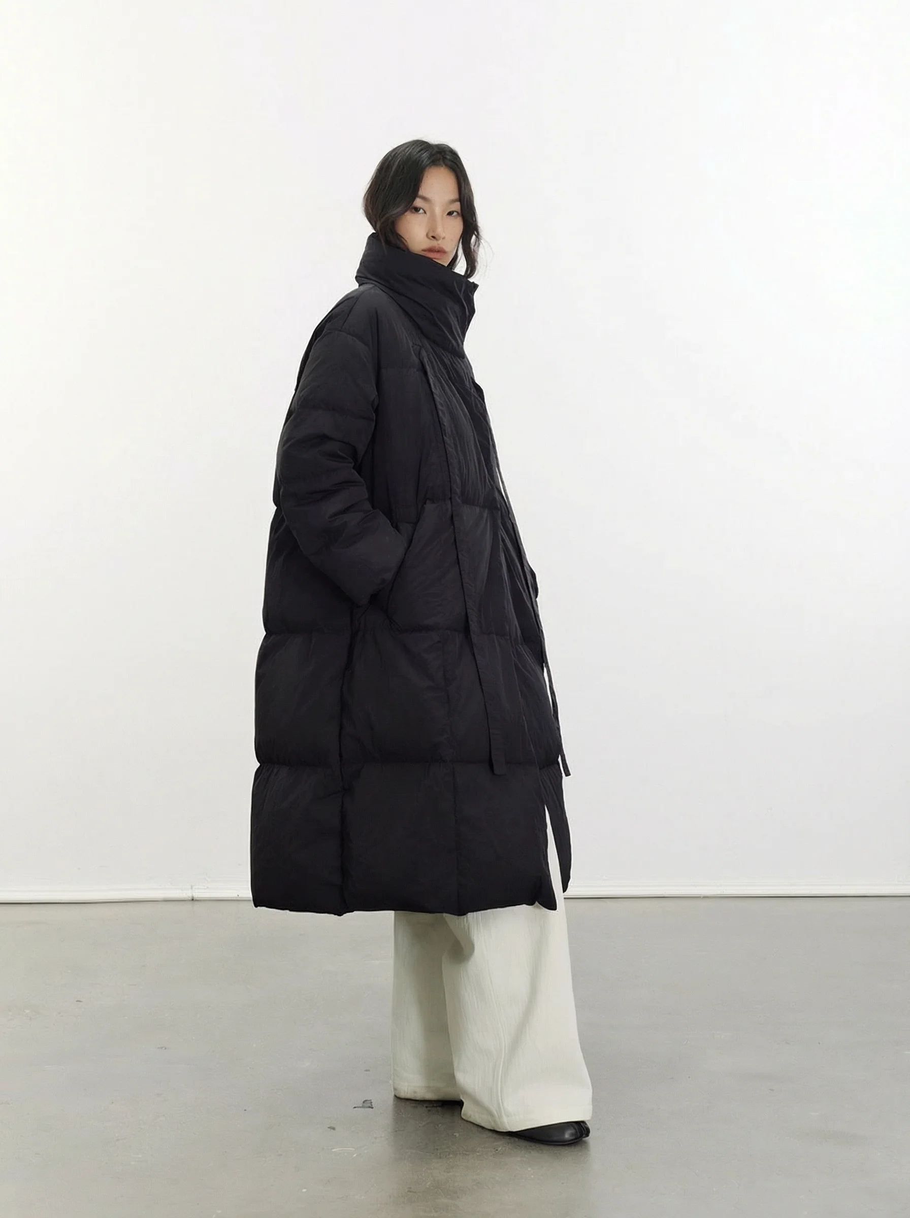 Funnel-Collar Long Down Coat