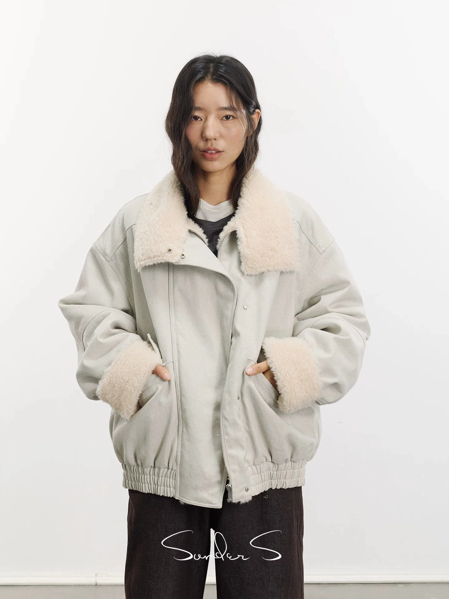 Funnel-Neck Sherpa-Lined Denim Jacket - Image 2