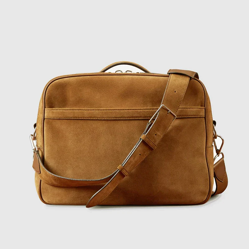 Genuine Leather Brown Suede Crossbody Briefcase - Image 6