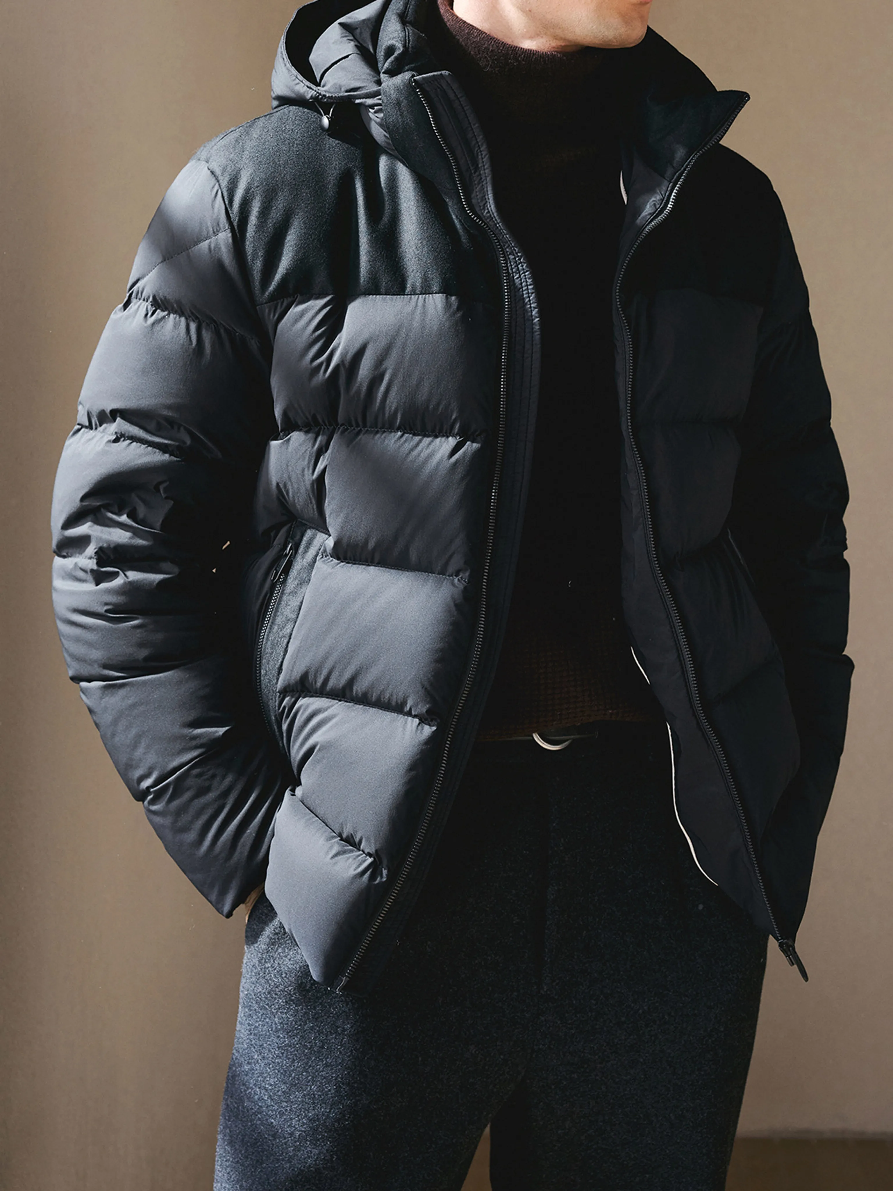 Goose Down Wool-Panel Hooded Jacket