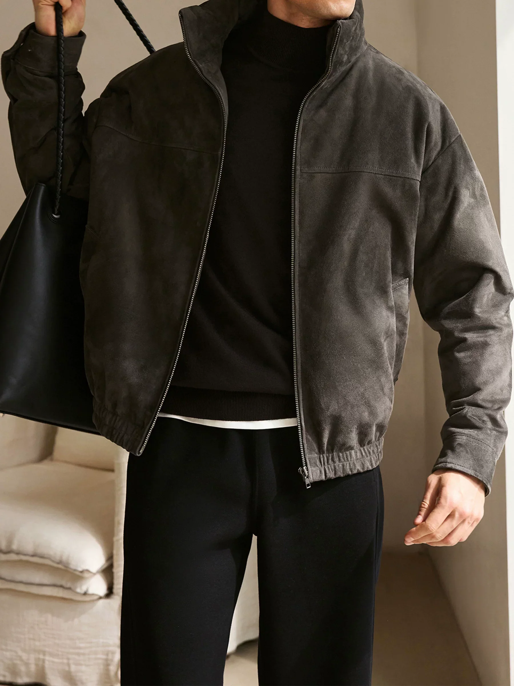 Grained Sheepskin Goose Down Stand-Collar Jacket - Image 3
