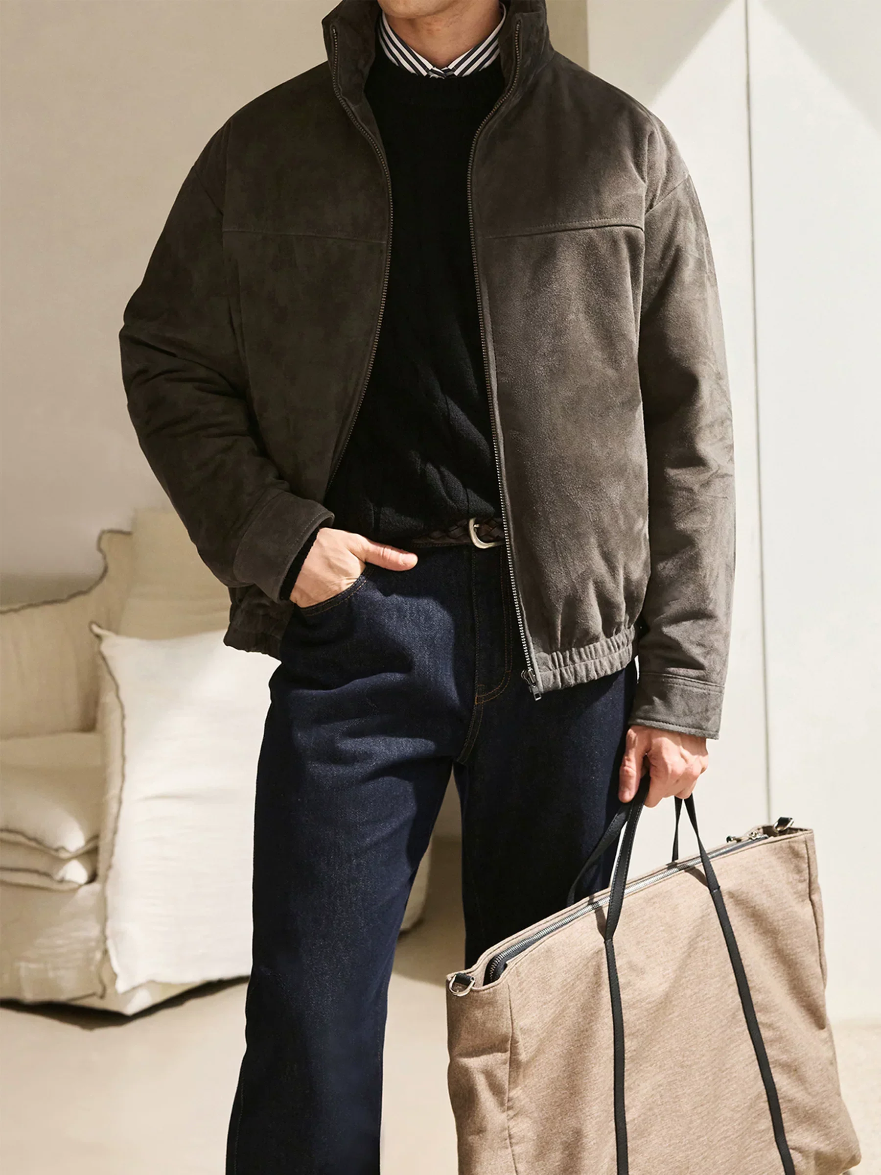 Grained Sheepskin Goose Down Stand-Collar Jacket - Image 4