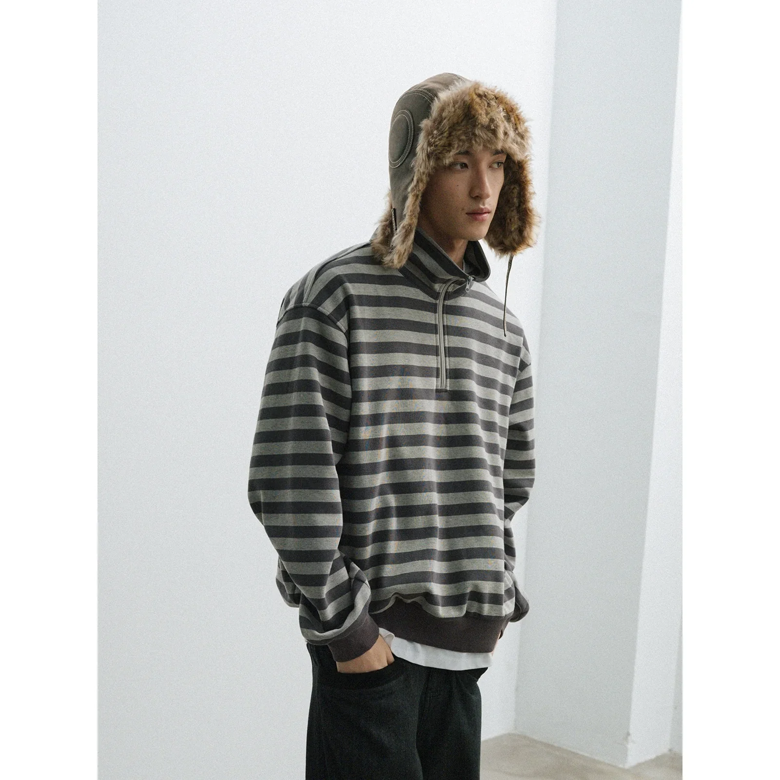 Gray Striped Half-Zip Sweater