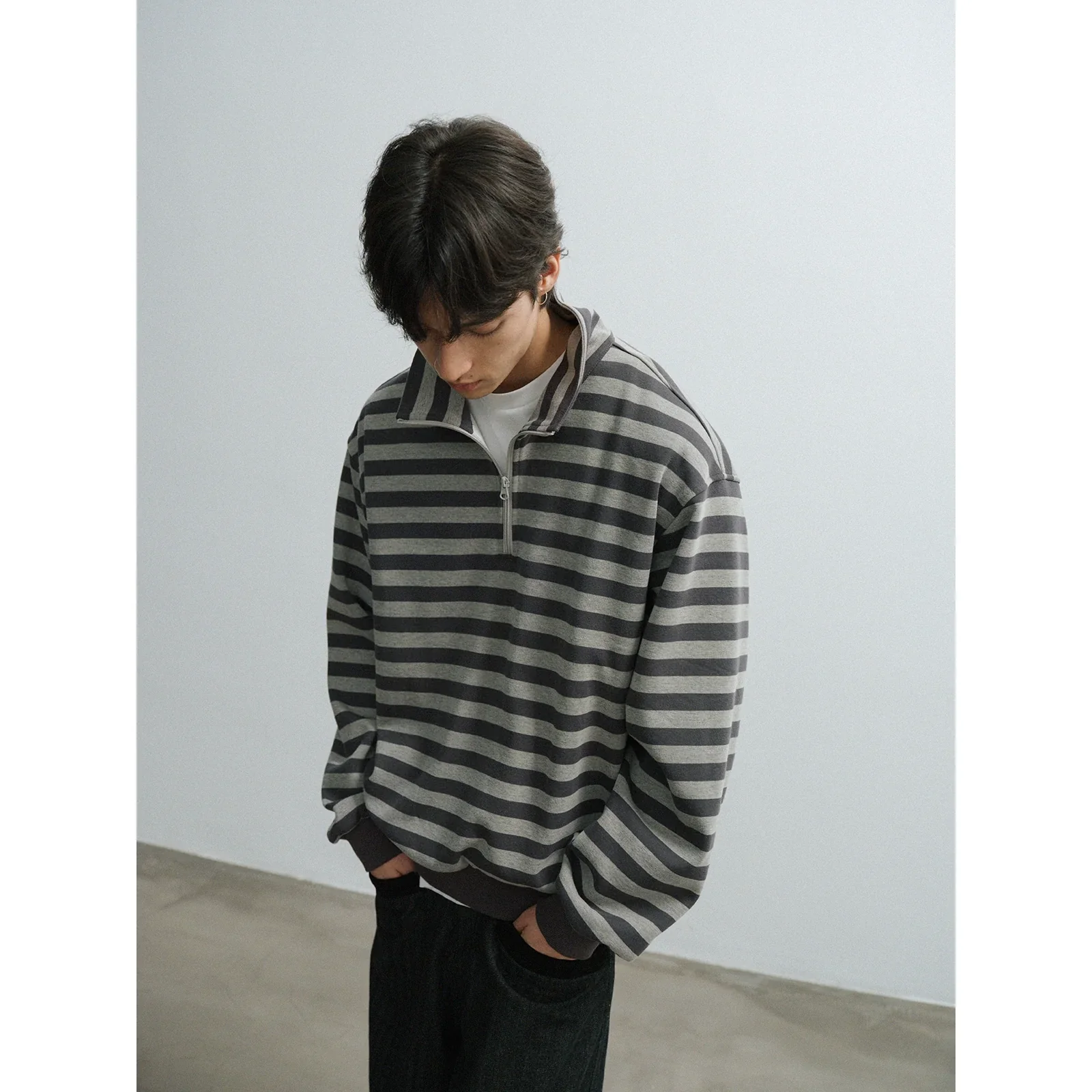 Gray Striped Half-Zip Sweater - Image 2