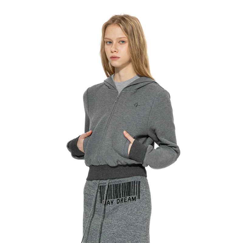 Gray Textured Zip-Up Hoodie - Image 3
