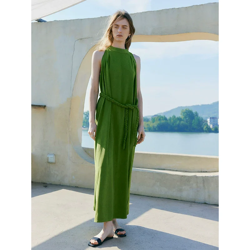 Green Maxi Dress with Braided Belt