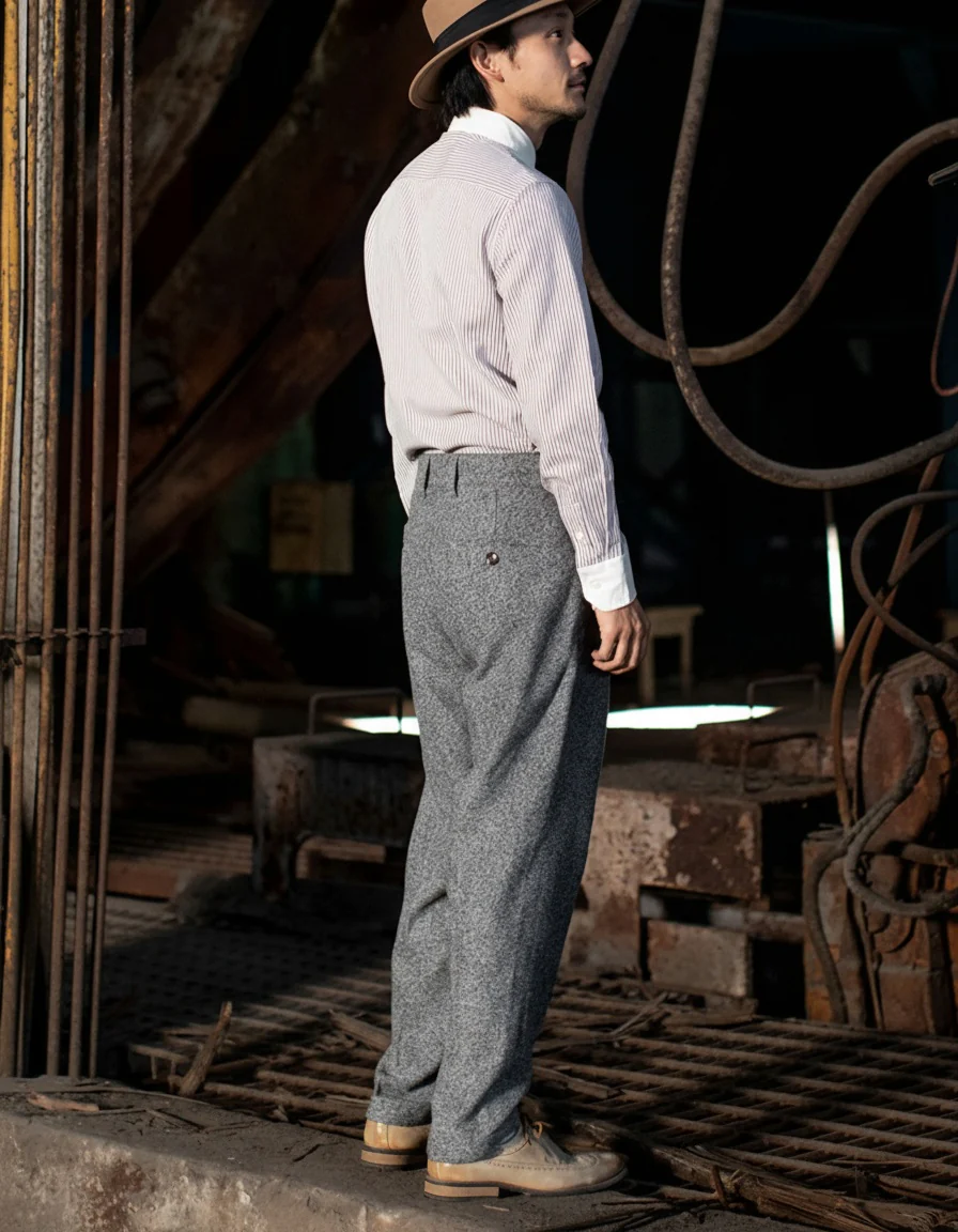 Grey Herringbone Pleated Trousers - Image 7