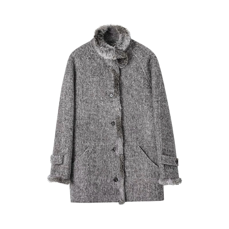 Grey Melange Stand Collar Fur-Trim Coat