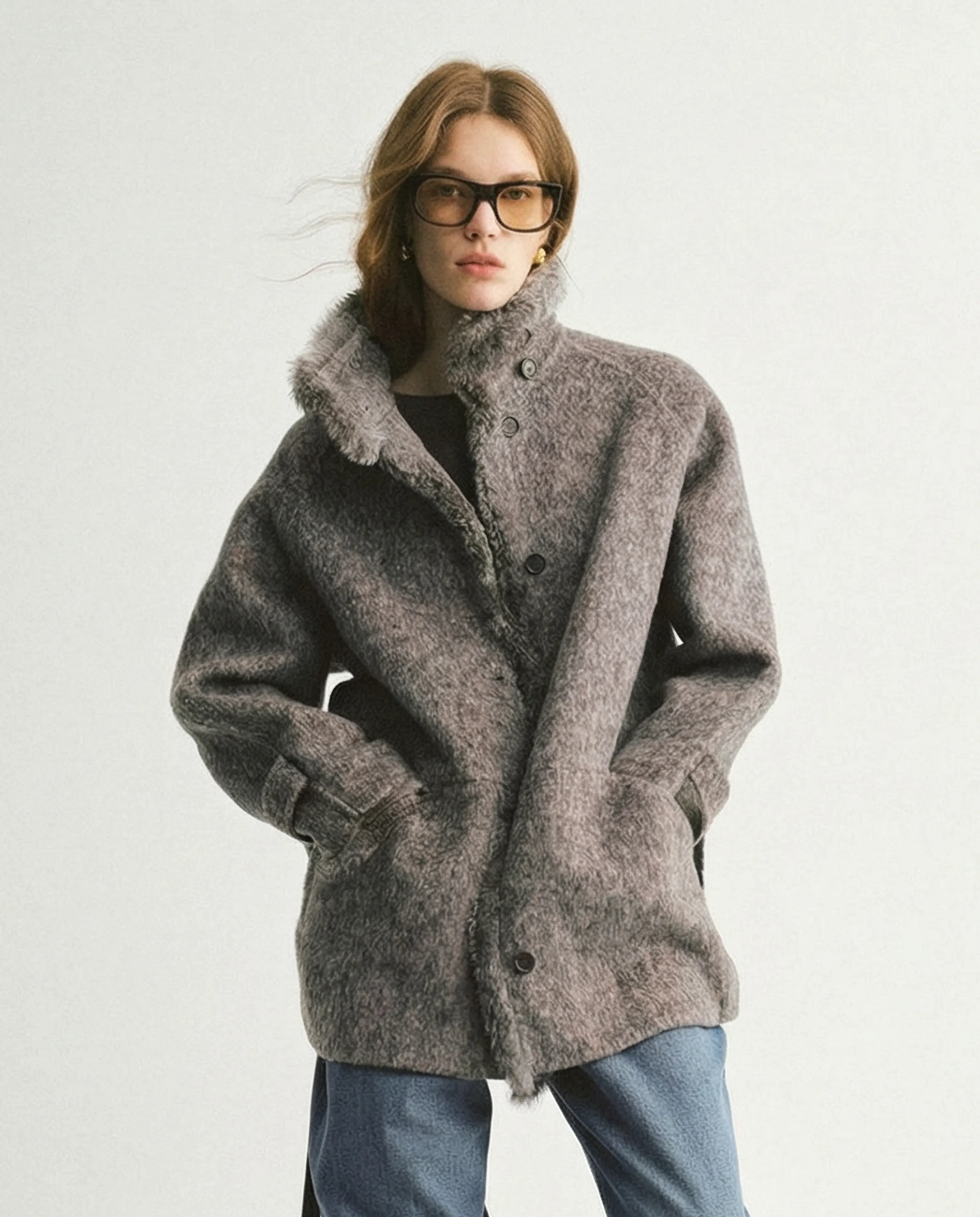 Grey Melange Stand Collar Fur-Trim Coat - Image 6