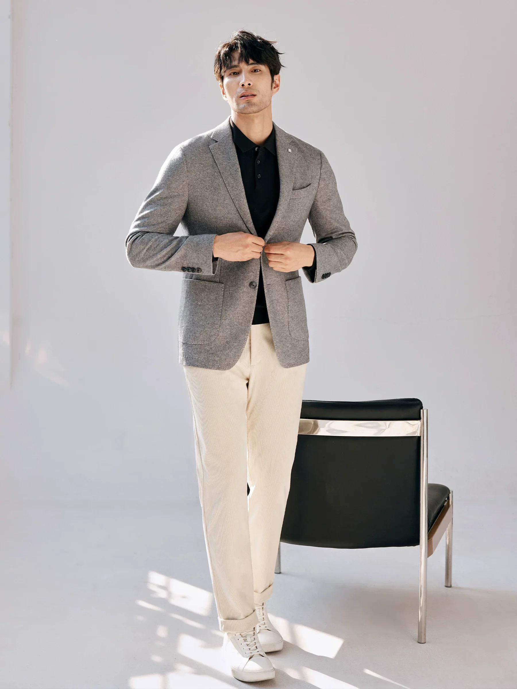 Grey Melange Wool-Blend Two-Button Blazer
