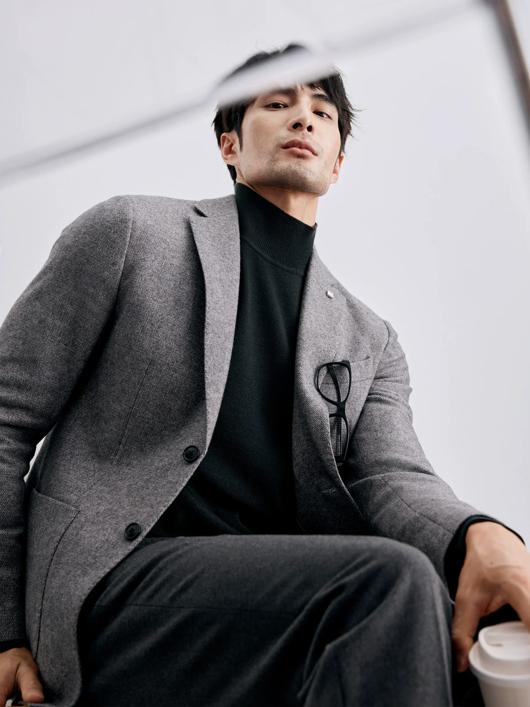 Grey Melange Wool-Blend Two-Button Blazer - Image 2