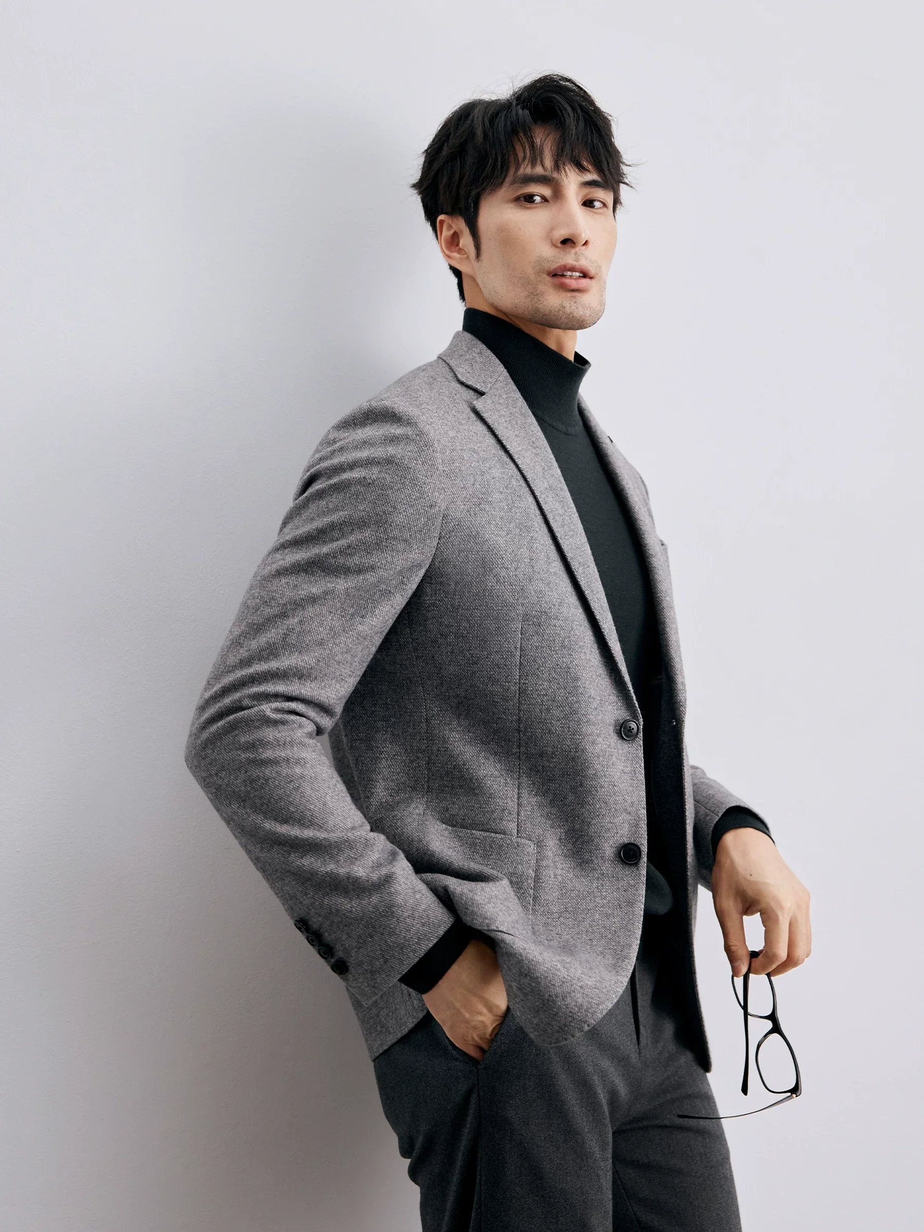 Grey Melange Wool-Blend Two-Button Blazer - Image 3