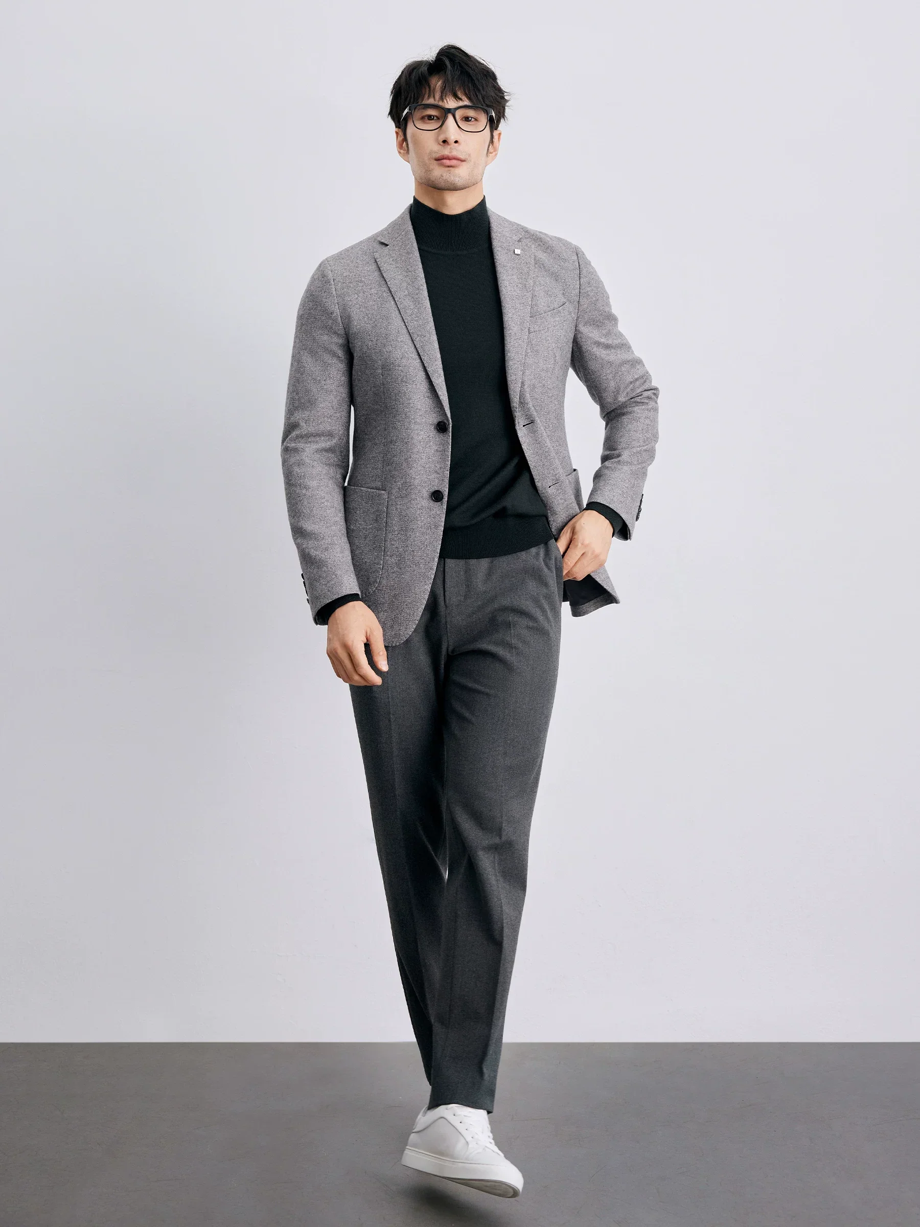 Grey Melange Wool-Blend Two-Button Blazer - Image 4