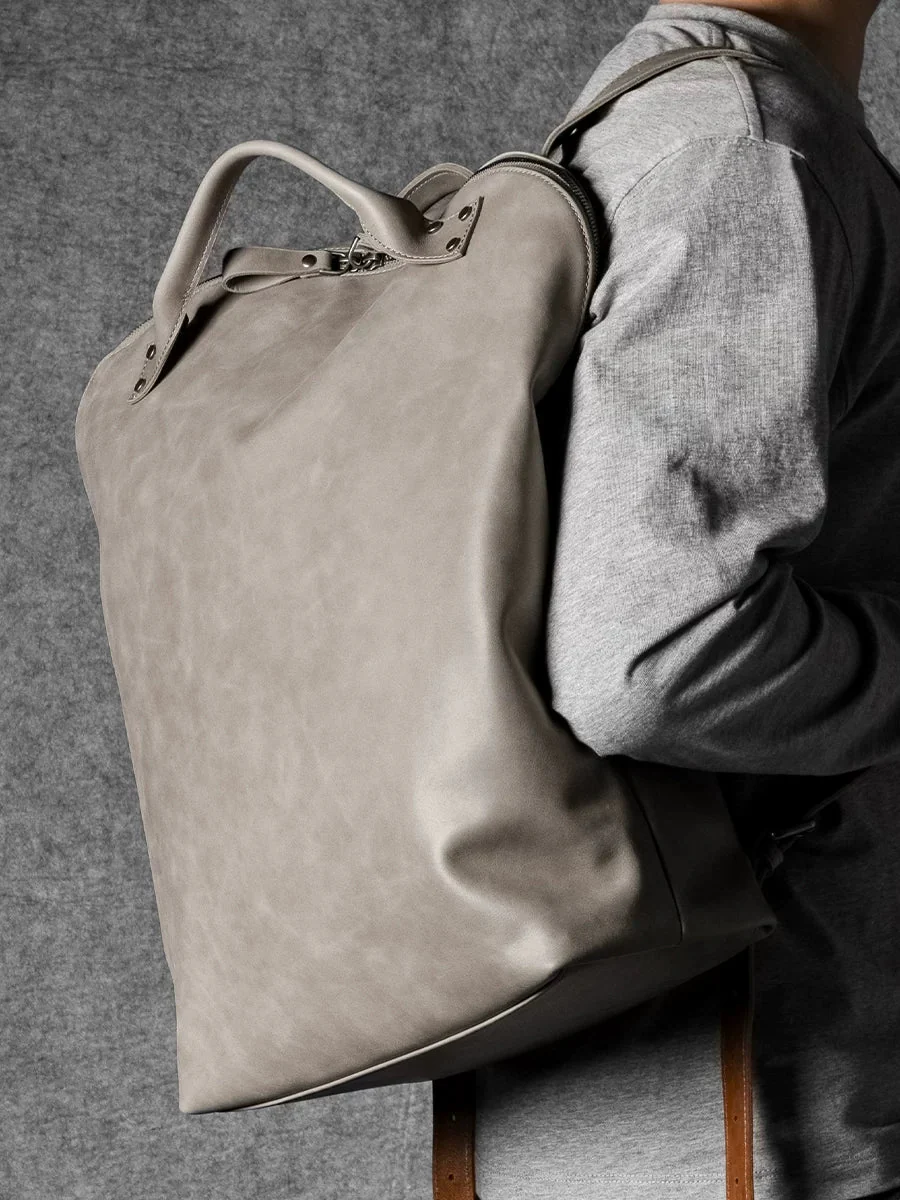 Grey Top-Grain Leather Zip-Top Backpack