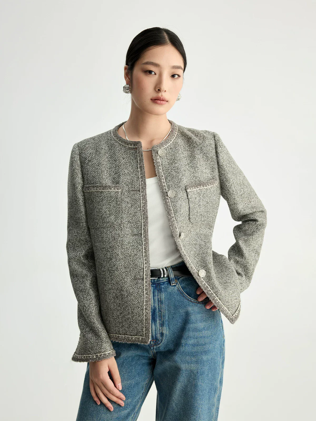 Grey Tweed Collarless Jacket - Image 2