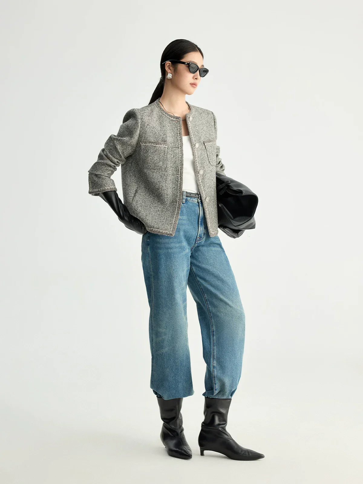 Grey Tweed Collarless Jacket - Image 5