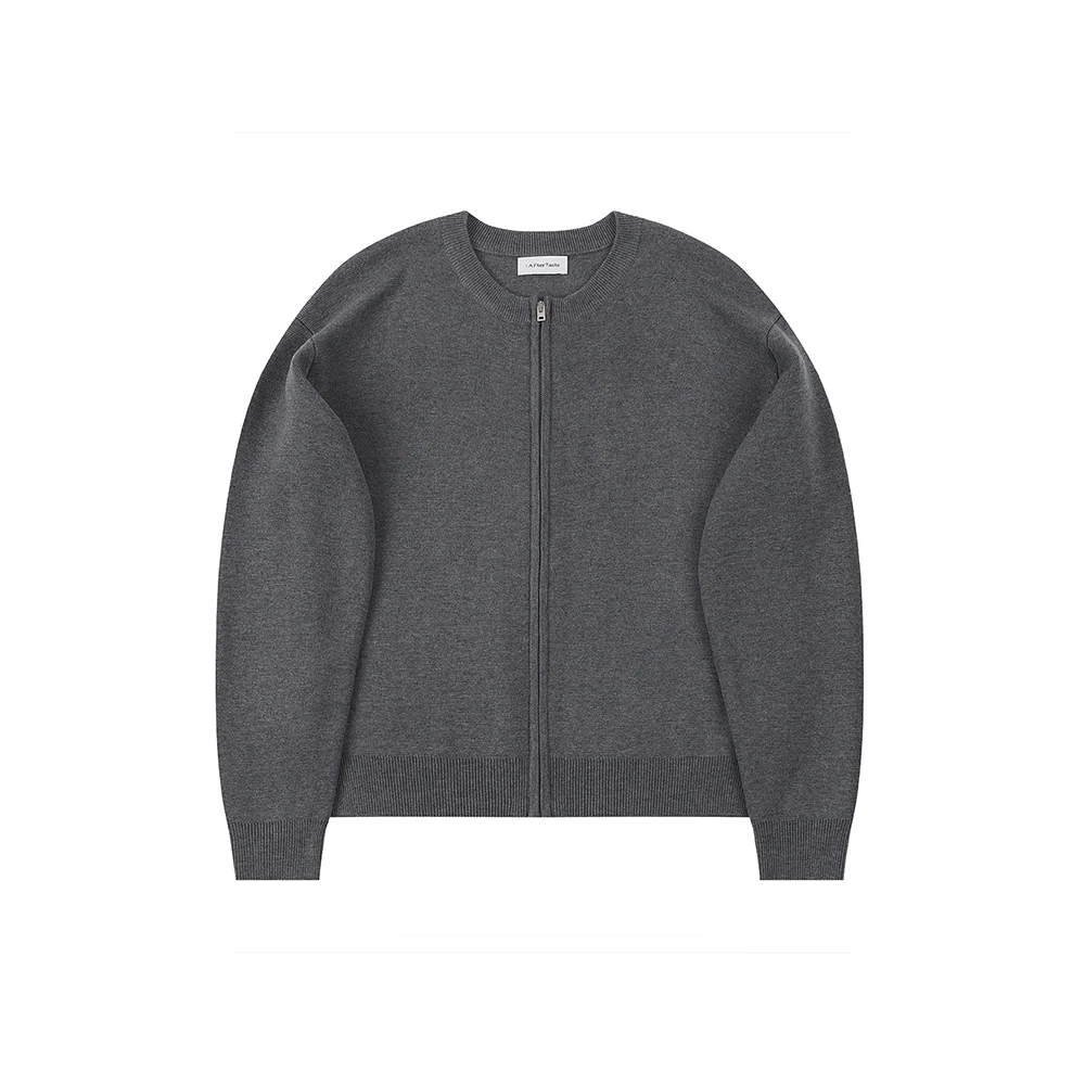 Grey Zip-Up Wool Knit Cardigan