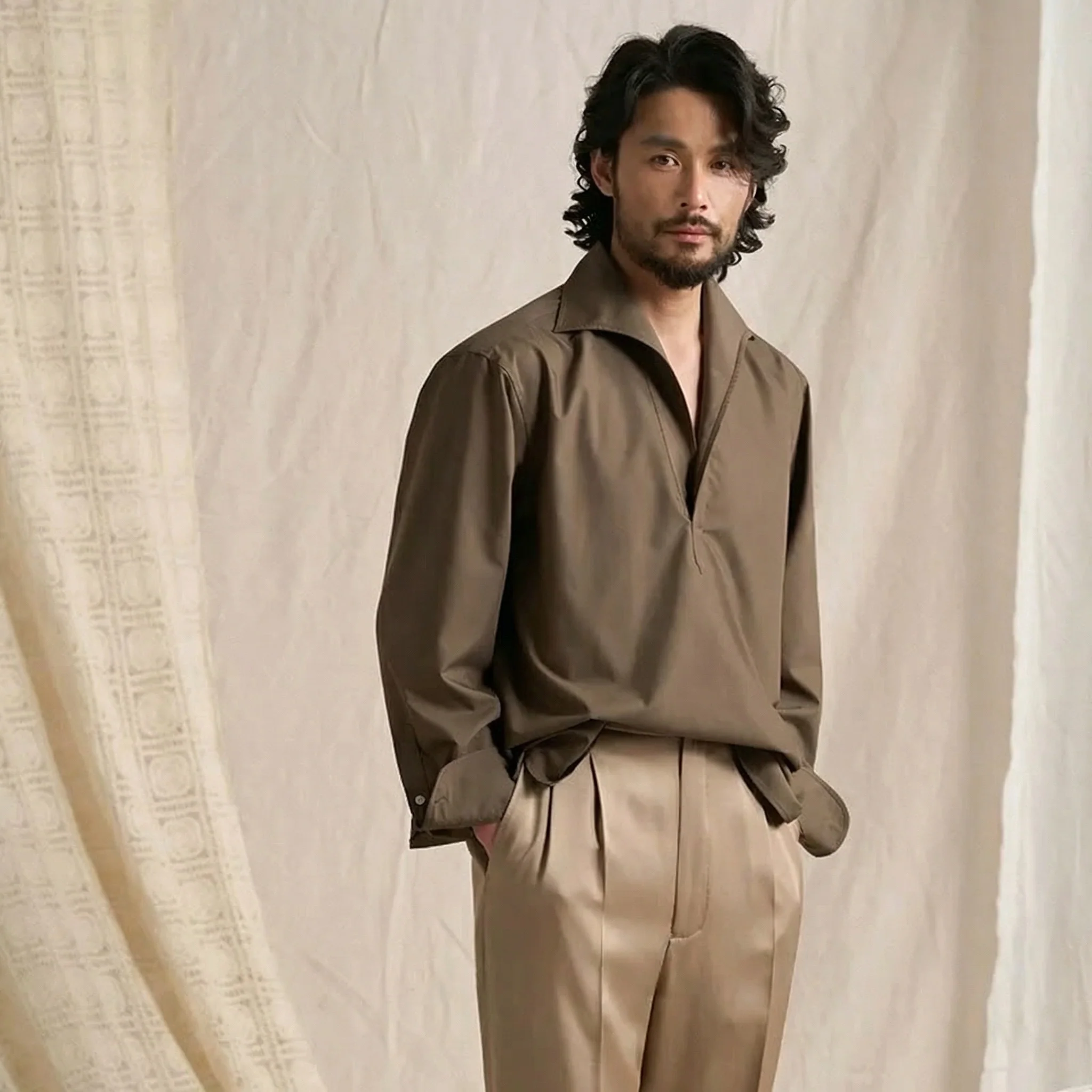 Half-Open Collar Modal Shirt - Image 5