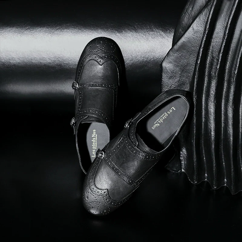 Hand-Carved Black Leather Monk Shoe