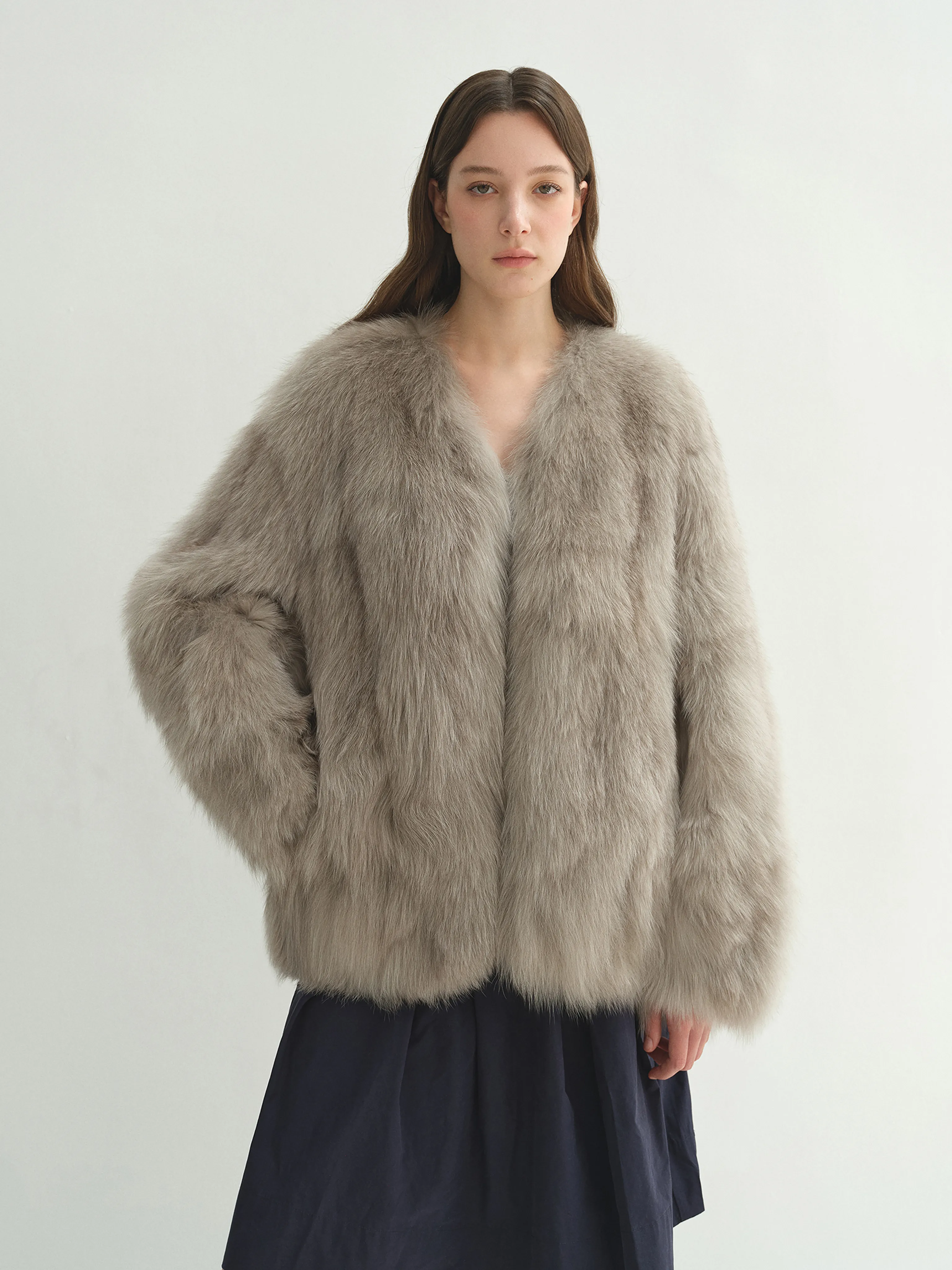 Hand-Dyed Fox Fur V-Neck Jacket
