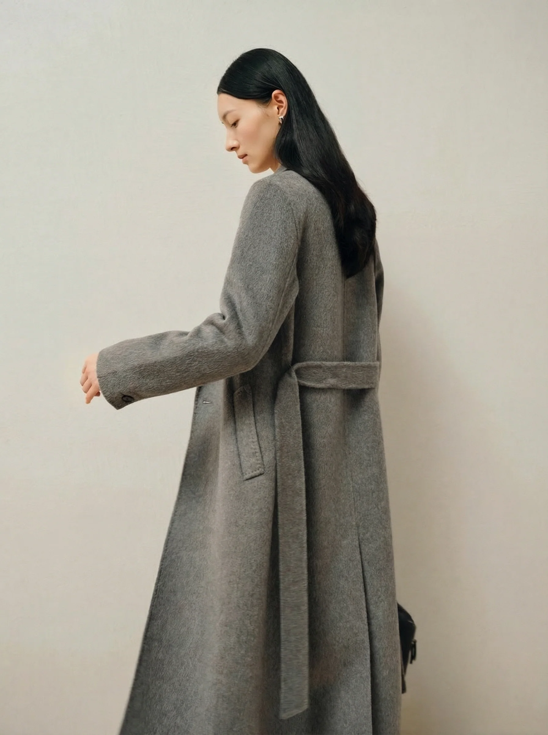 Heather Grey Belted Double-Breasted Overcoat - Image 6
