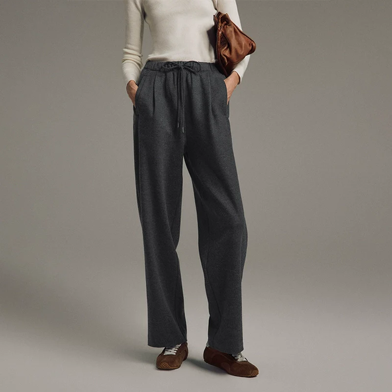 Heather Wool-Blend Straight-Leg Drawstring Trousers