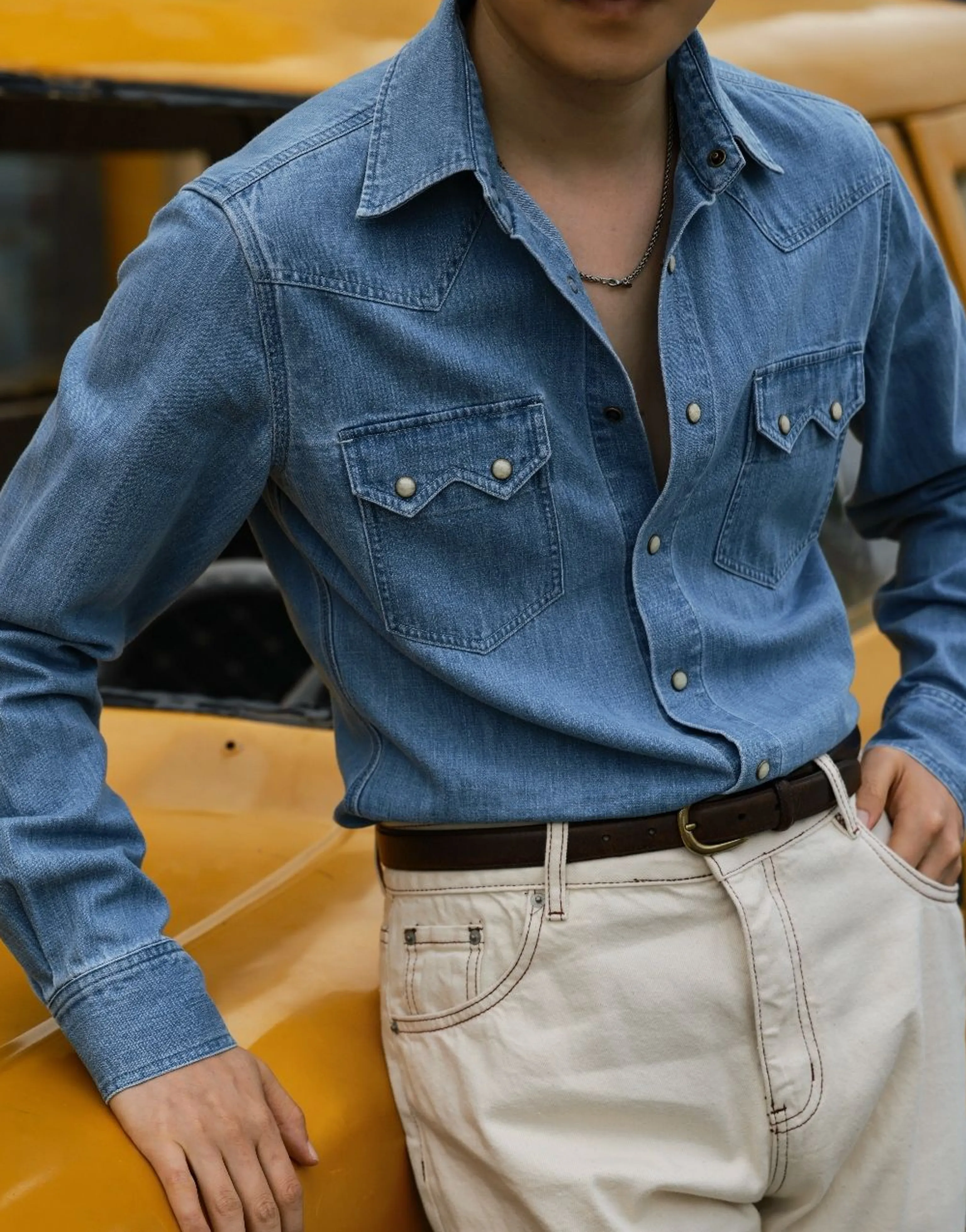 Heavy Wash Square-Collar Western Denim Shirt - Image 4